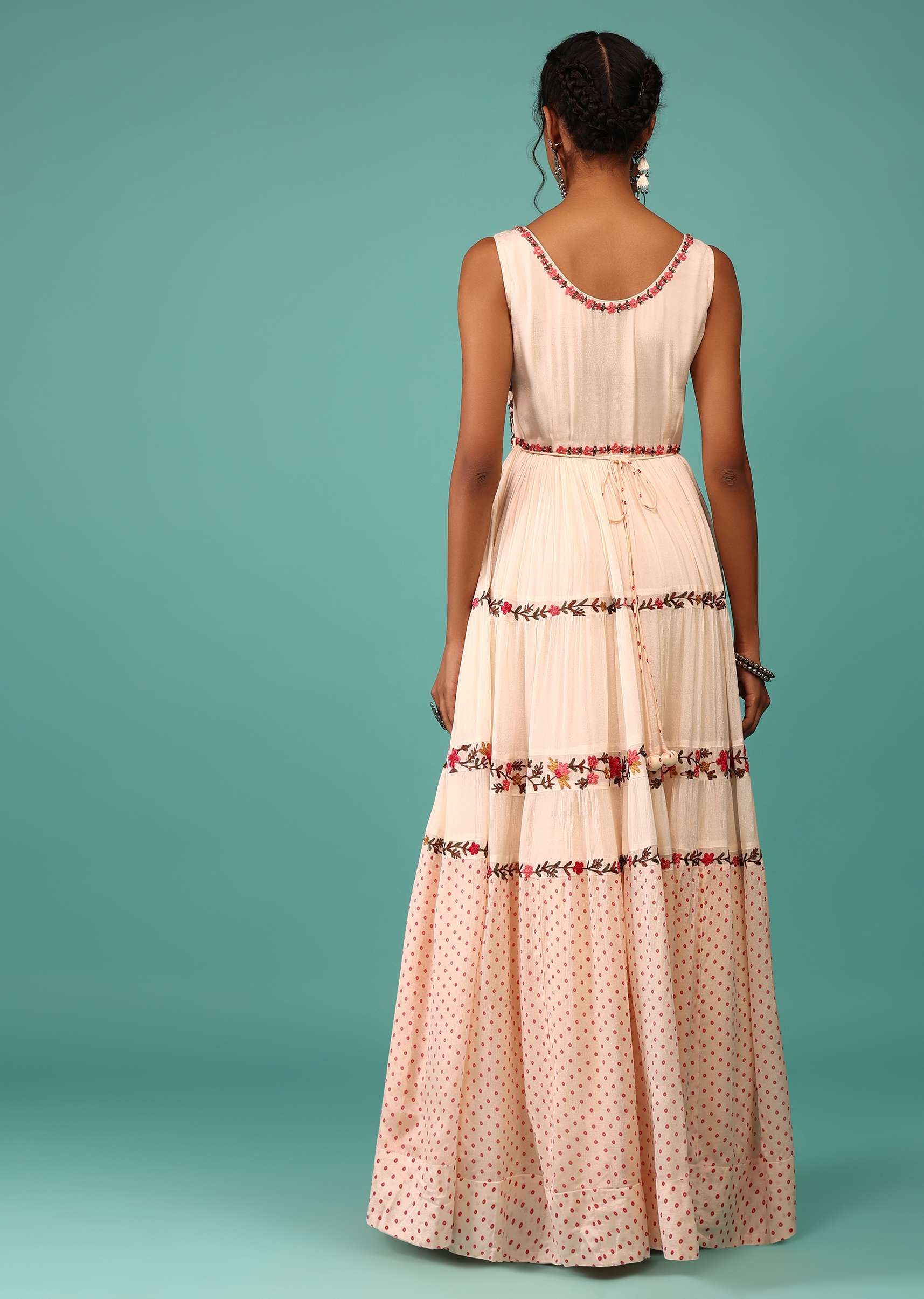 Candy Pink Flowy Dress In Chiffon With Floral Kashmiri Thread Work And Embroidery - Image 6