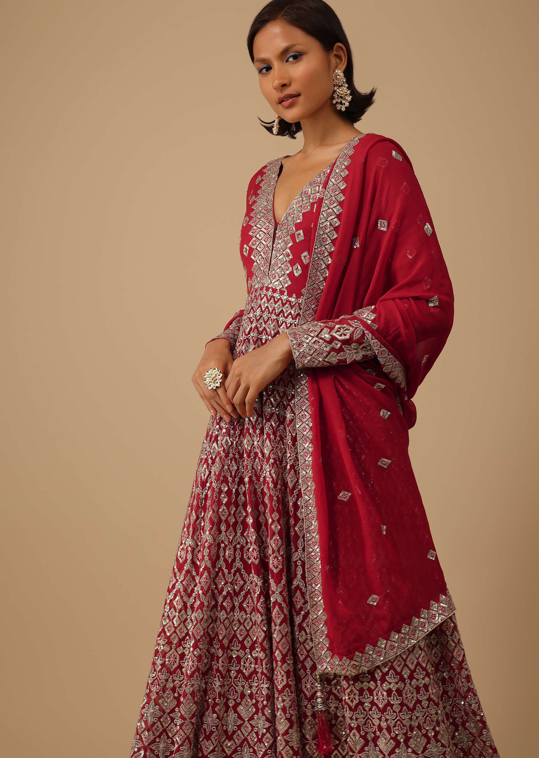 Apple Red Anarkali Suit Set In Georgette With Seqins Work All Over - Image 11