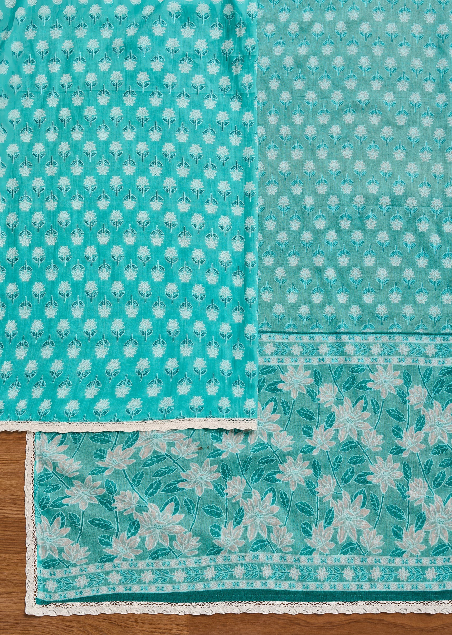 Aqua Blue Cotton Unstitched Suit With Dupatta - Image 3