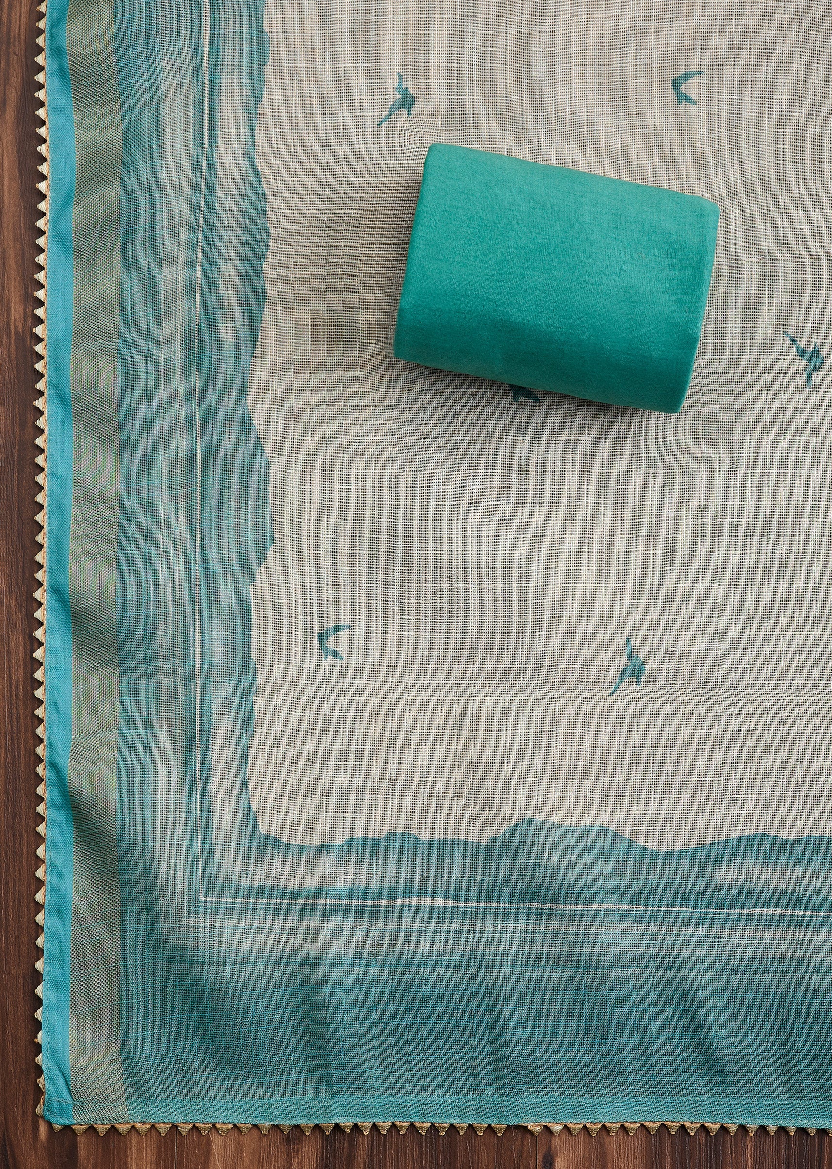 Aqua Blue Linen Unstitched Suit - Image 3
