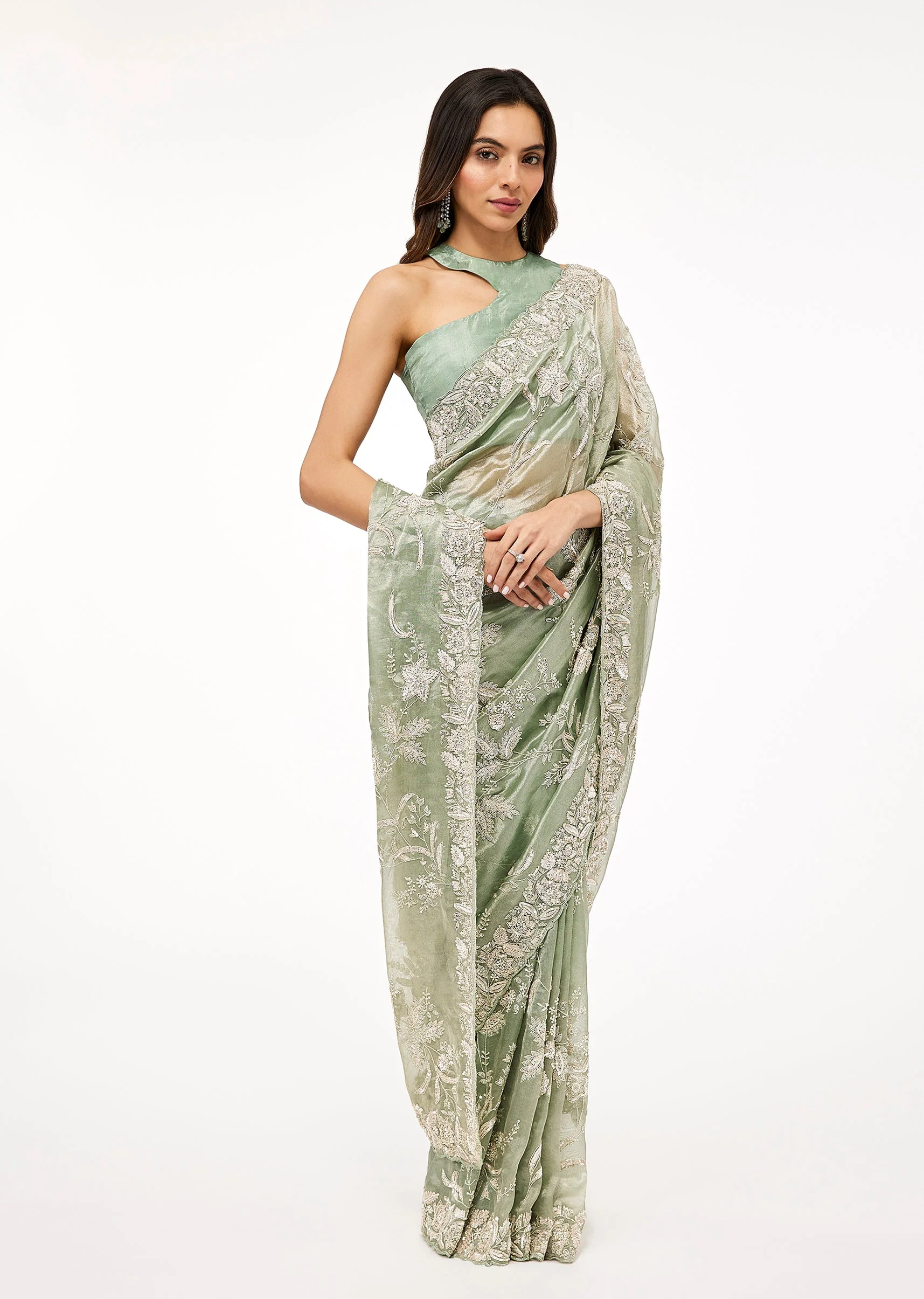 Aqua Blue Tissue Saree With All Over Embroidery