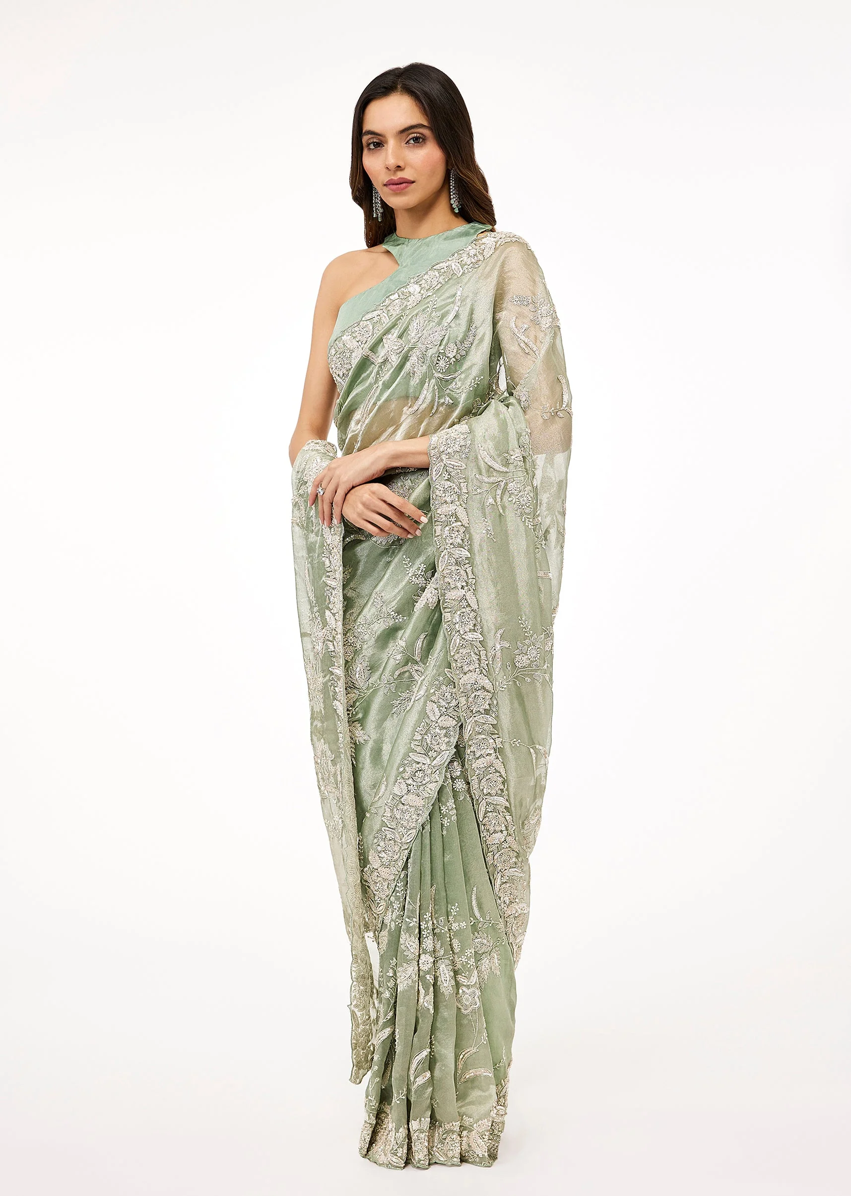 Aqua Blue Tissue Saree With All Over Embroidery - Image 3