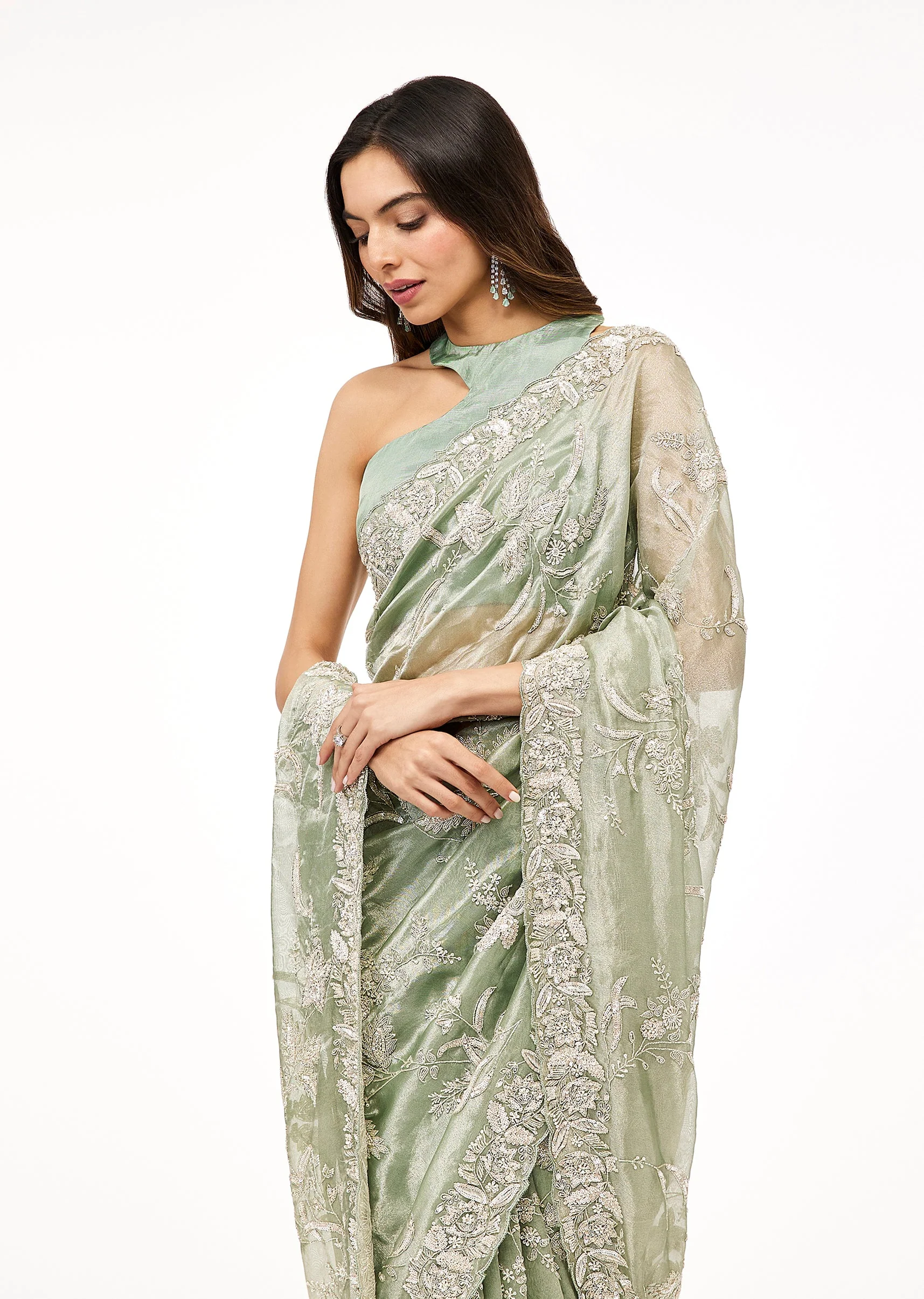 Aqua Blue Tissue Saree With All Over Embroidery - Image 5