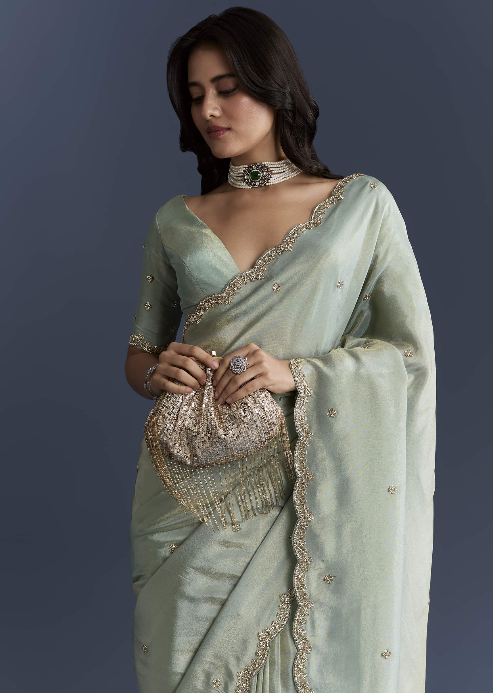 Aqua Blue Tissue Saree With Intricate Hand Embroidery - Image 5