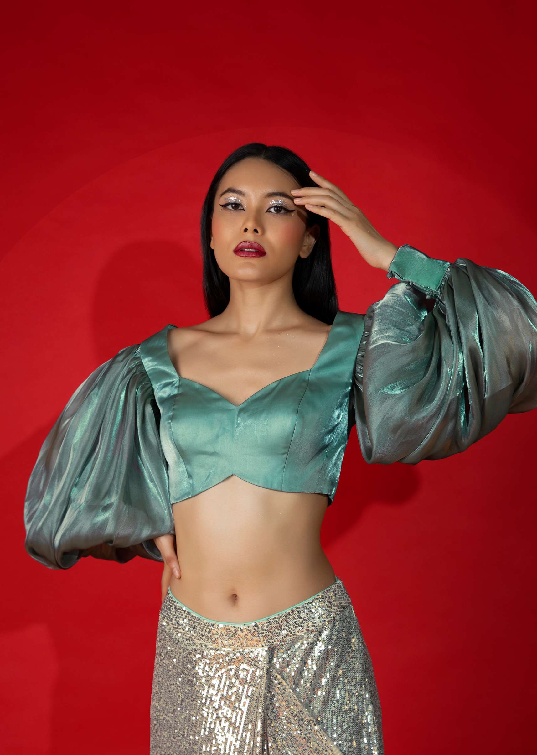 Aqua Green And Grey Organza Blouse With Elaborate Balloon Sleeves. - Image 3