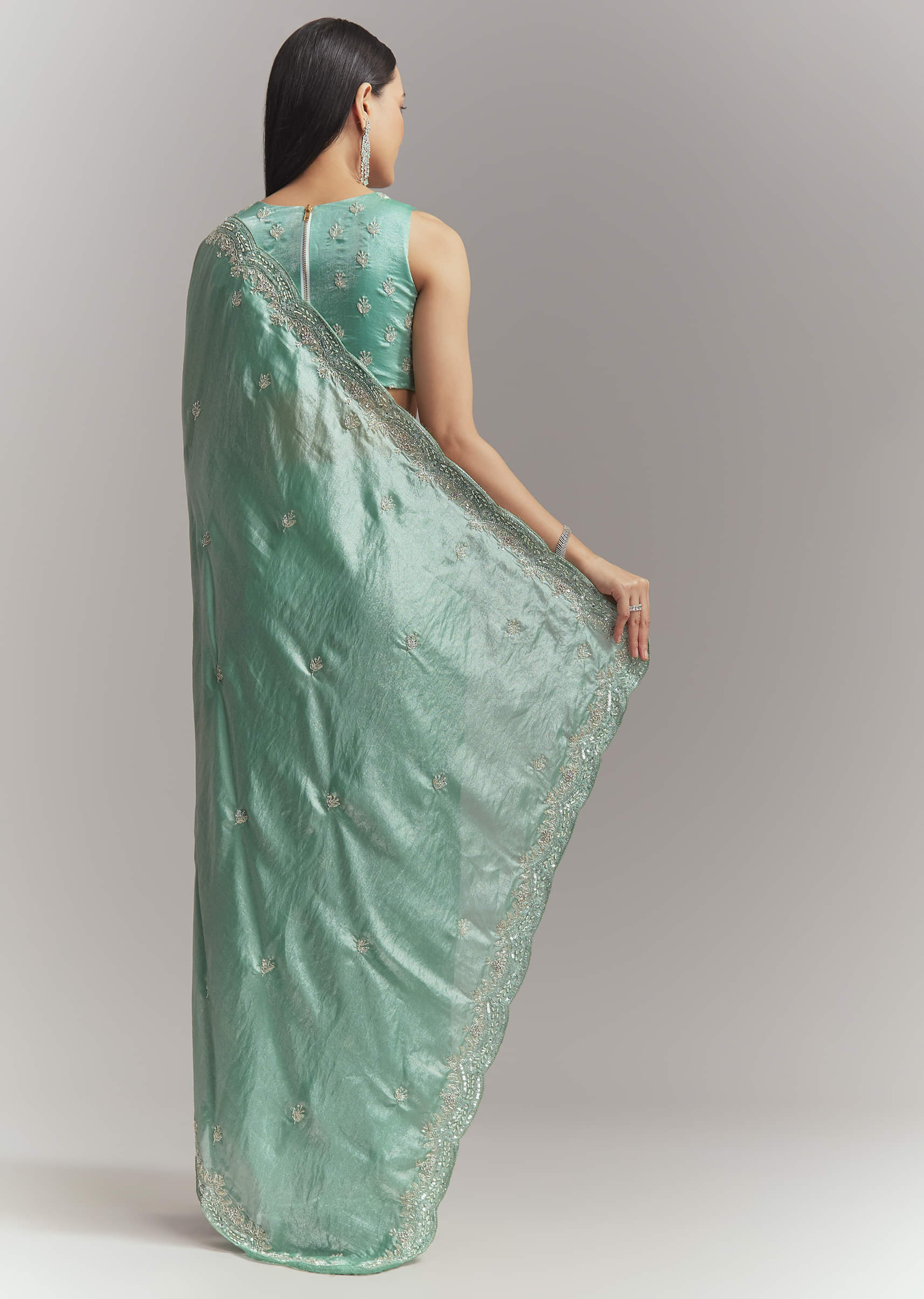 Aqua Green Chinon Embroidered Saree With Floral Embroidery - Image 5