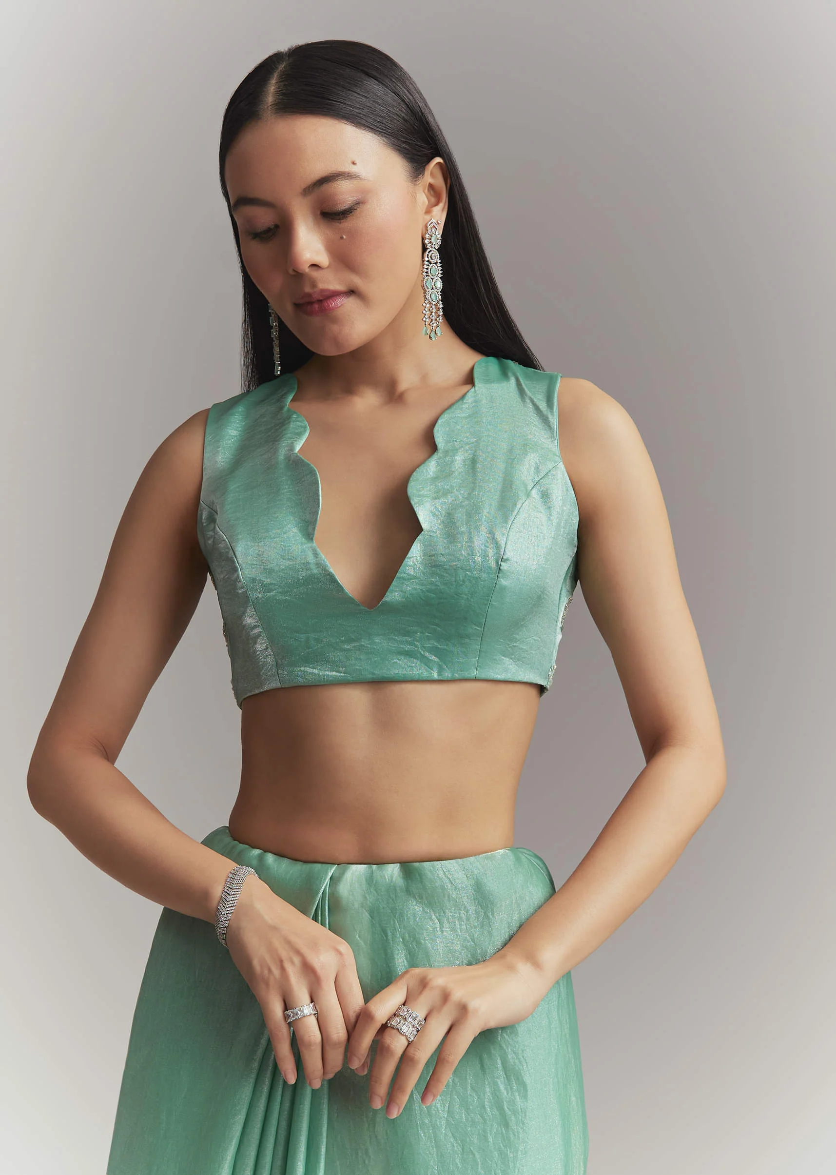 Aqua Green Chinon Embroidered Saree With Floral Embroidery - Image 7