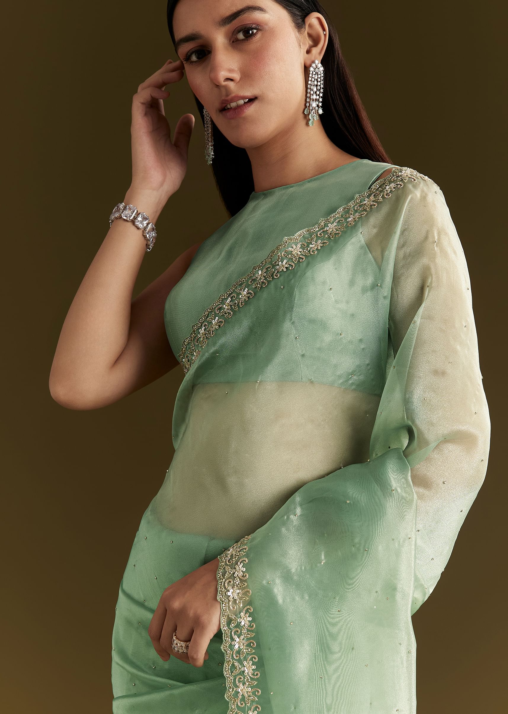 Aqua Green Organza Embroidered Saree With Scallop Border - Image 2