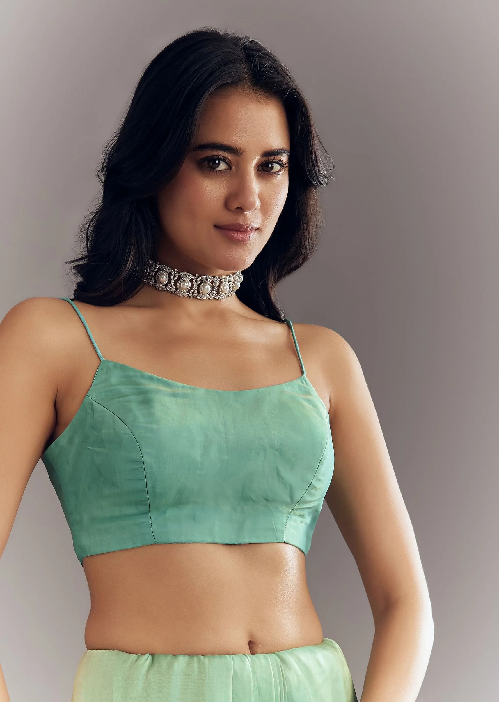 Aqua Green Organza Saree With Stones Beads And Sequins Embroidery And Scallop Border - Image 7