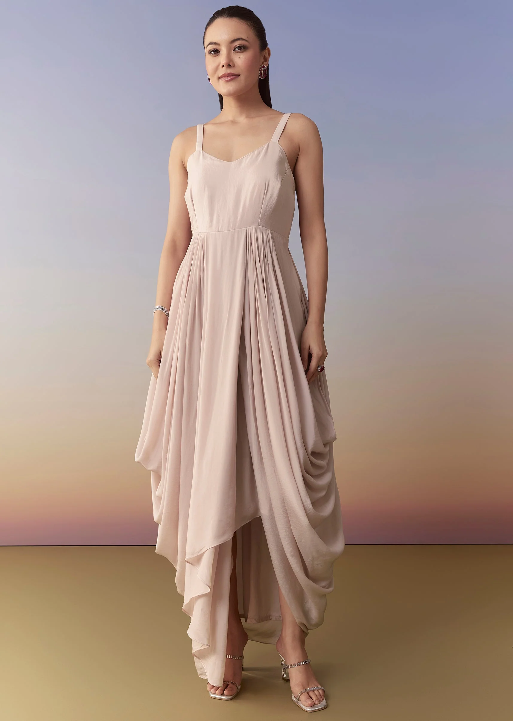 Baby Pink Cowl Draped Sequin Gown and Jacket Set - Image 6
