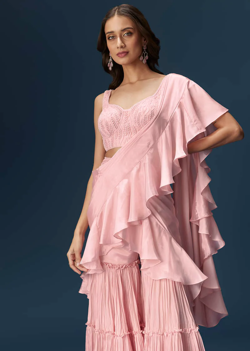 Baby Pink Frill Saree With Fancy Blouse - Image 5