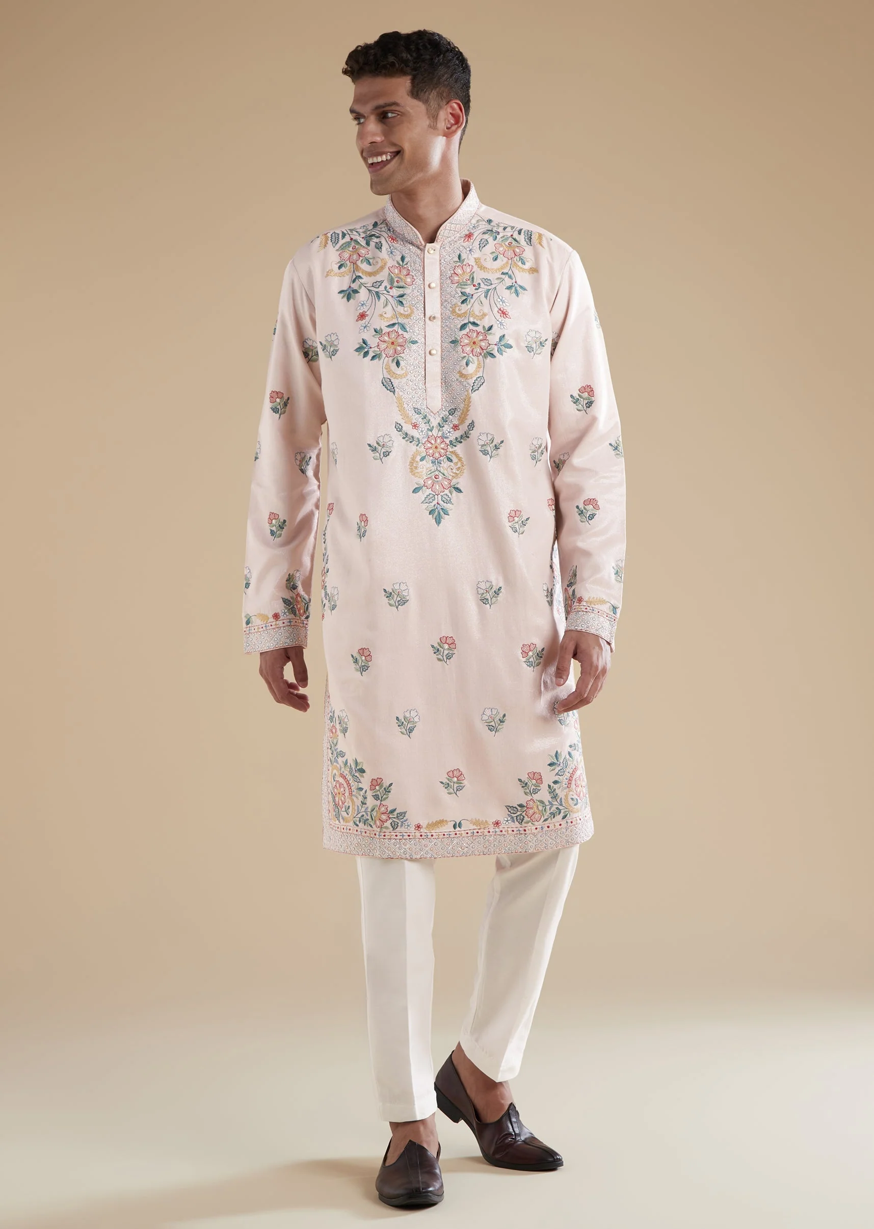 Baby Pink Modal Mens Kurta Set with Thread Resham Detail Work - Image 3