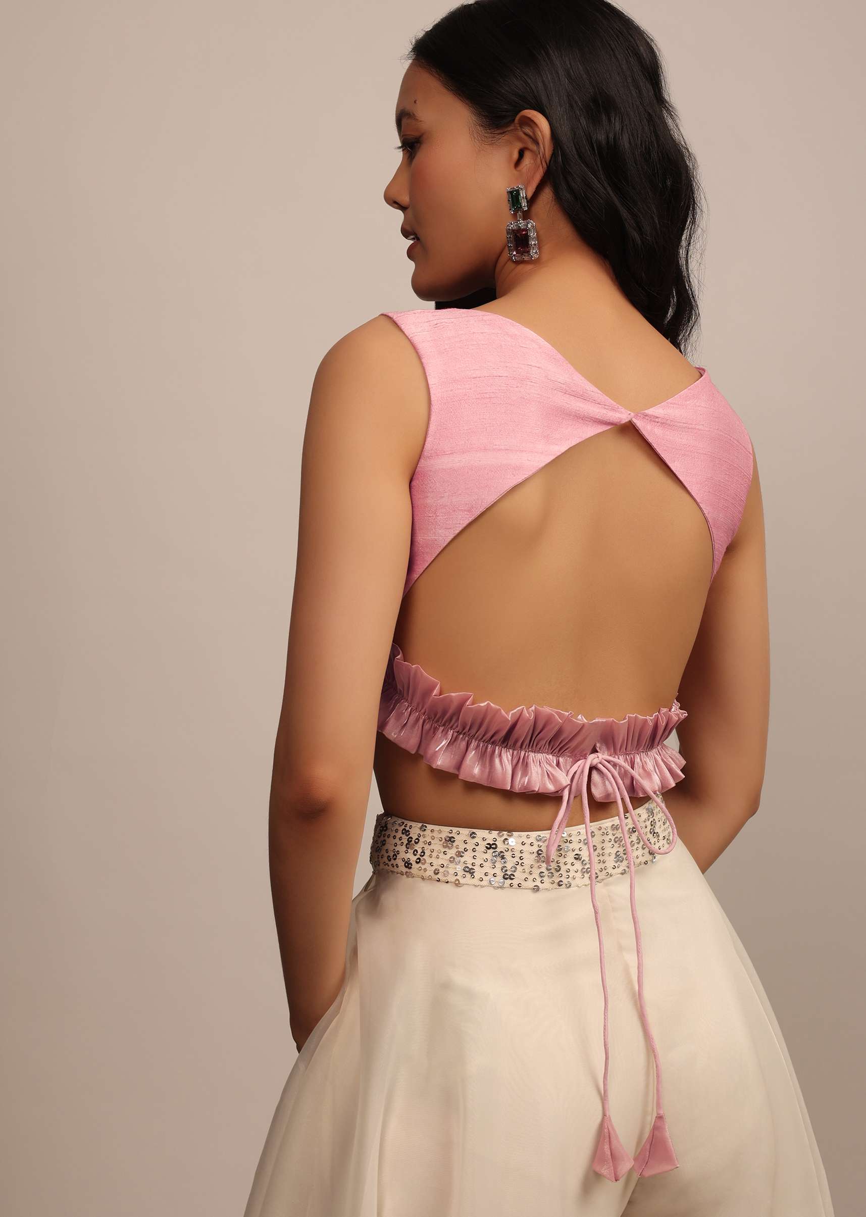 Baby Pink Sleeveless Blouse in silk With Boat Neckline - Image 2
