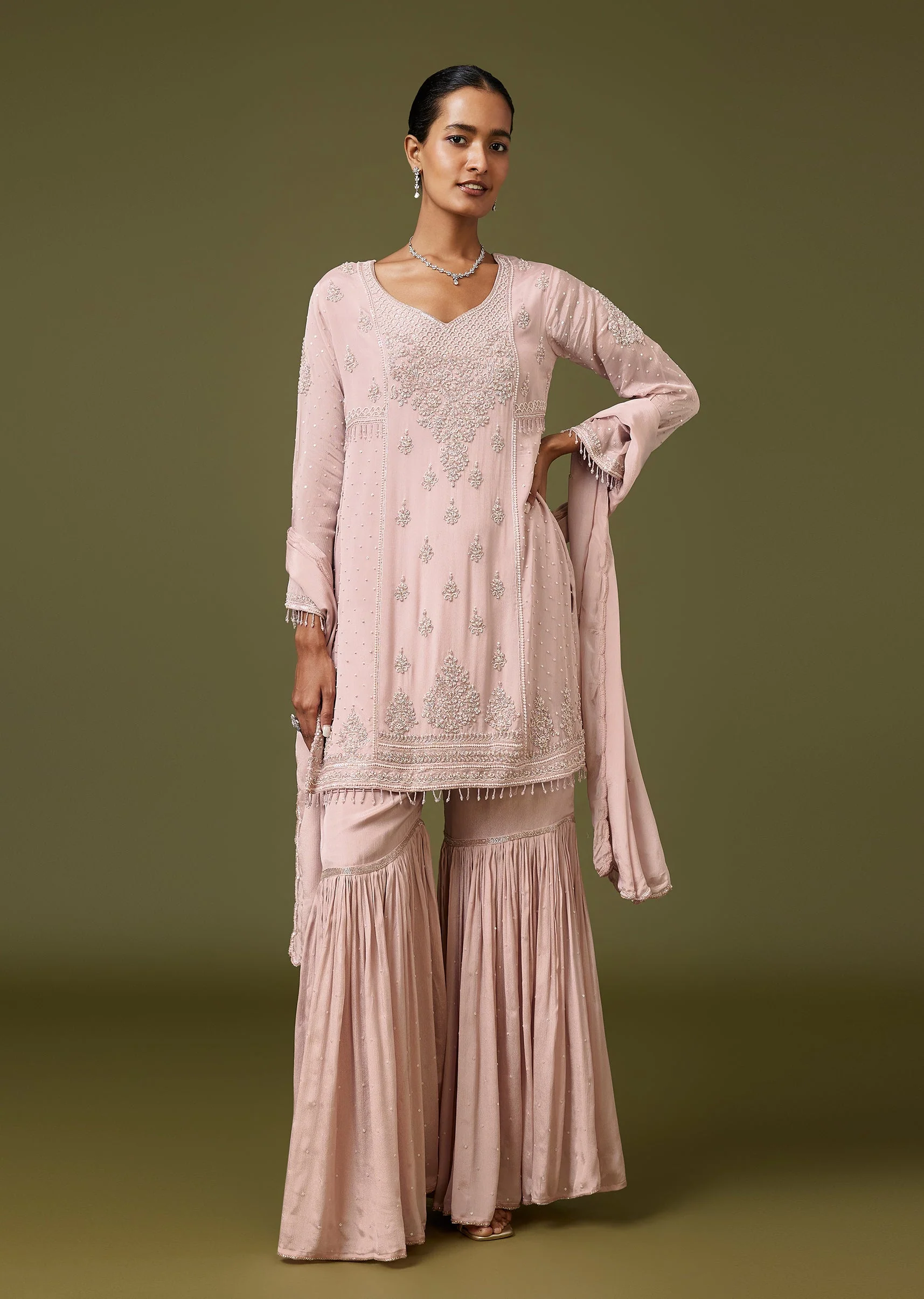 Baby Pink Sweetheart Sharara Set With Moti Cut Dana Work - Image 3