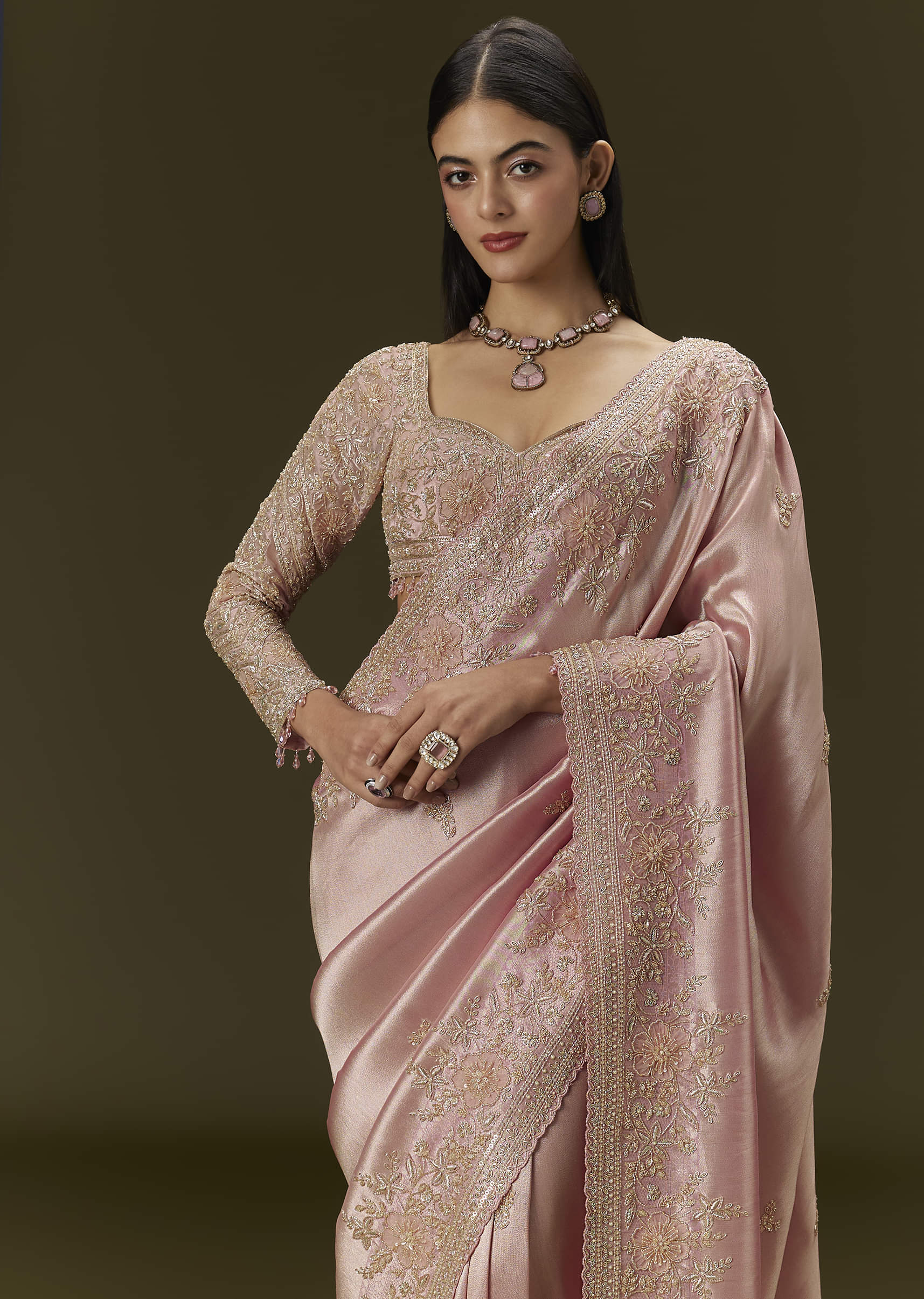Baby Pink Tissue Saree With Velvet Embroidered Blouse - Image 2