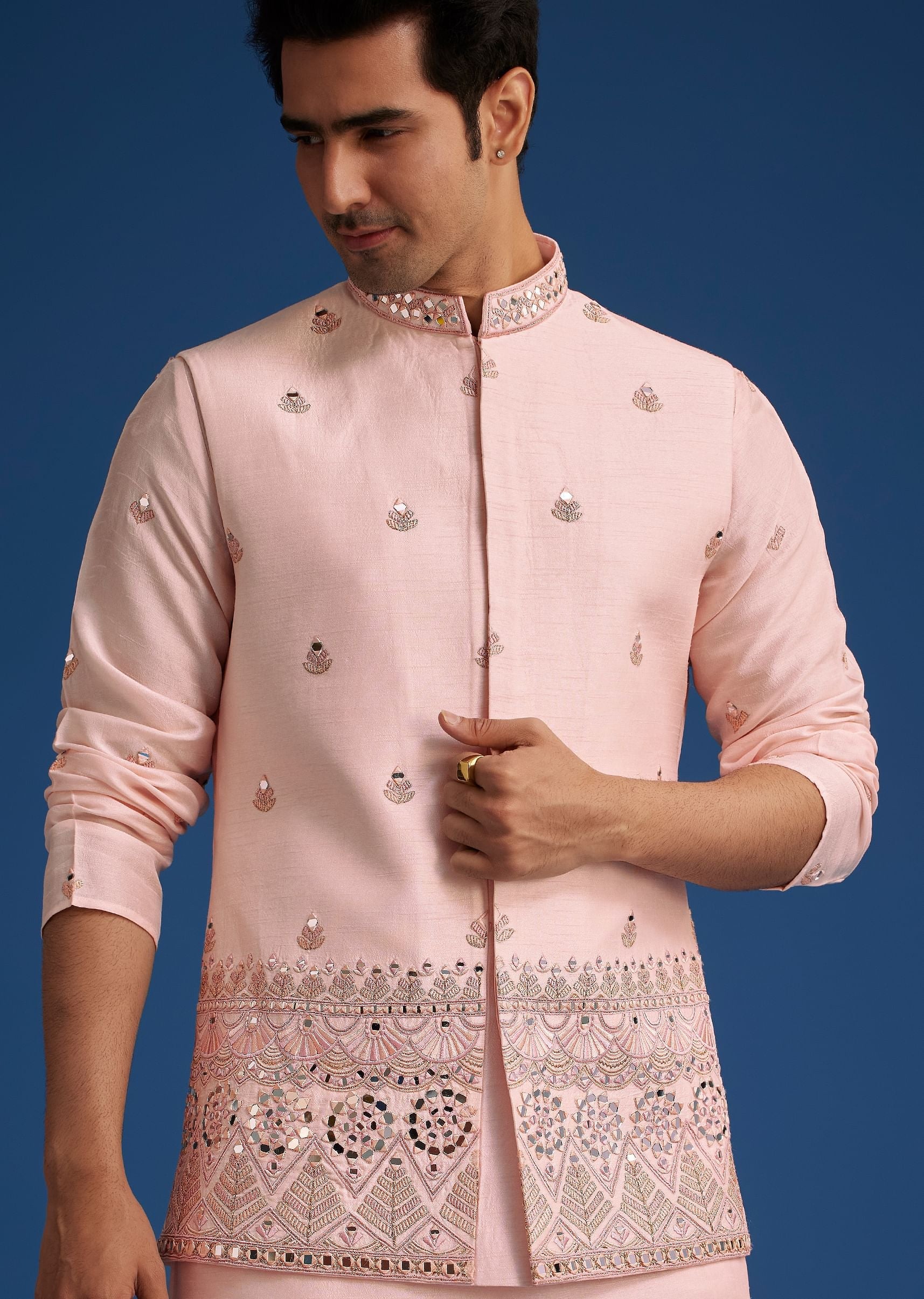 Baby Pink Tussar Kurta Jacket Set With Mirror Embroidery - Image 2