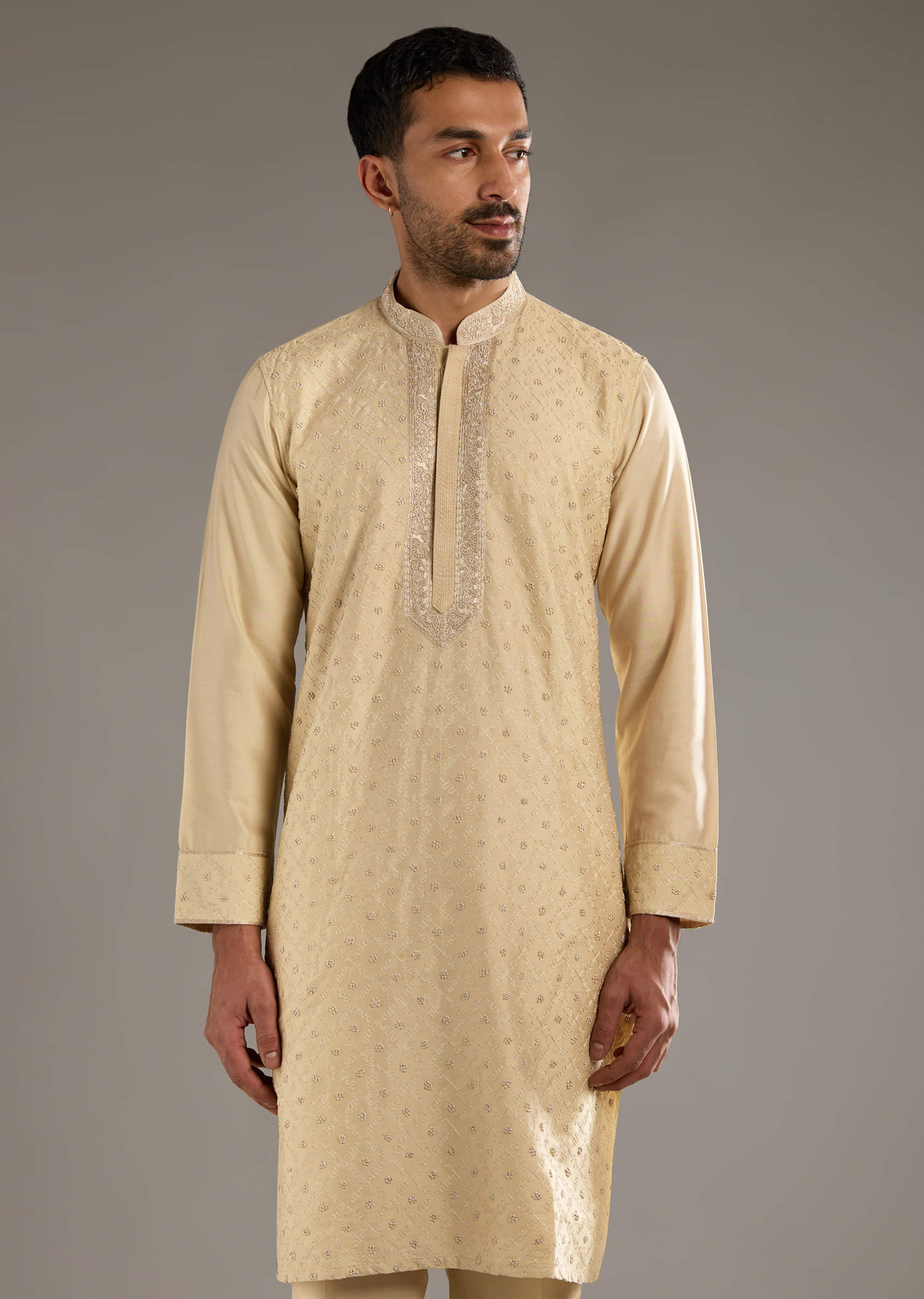 Beige Banarasi Silk Kurta Set For Men With Pure Hand Embroidery - Image 4