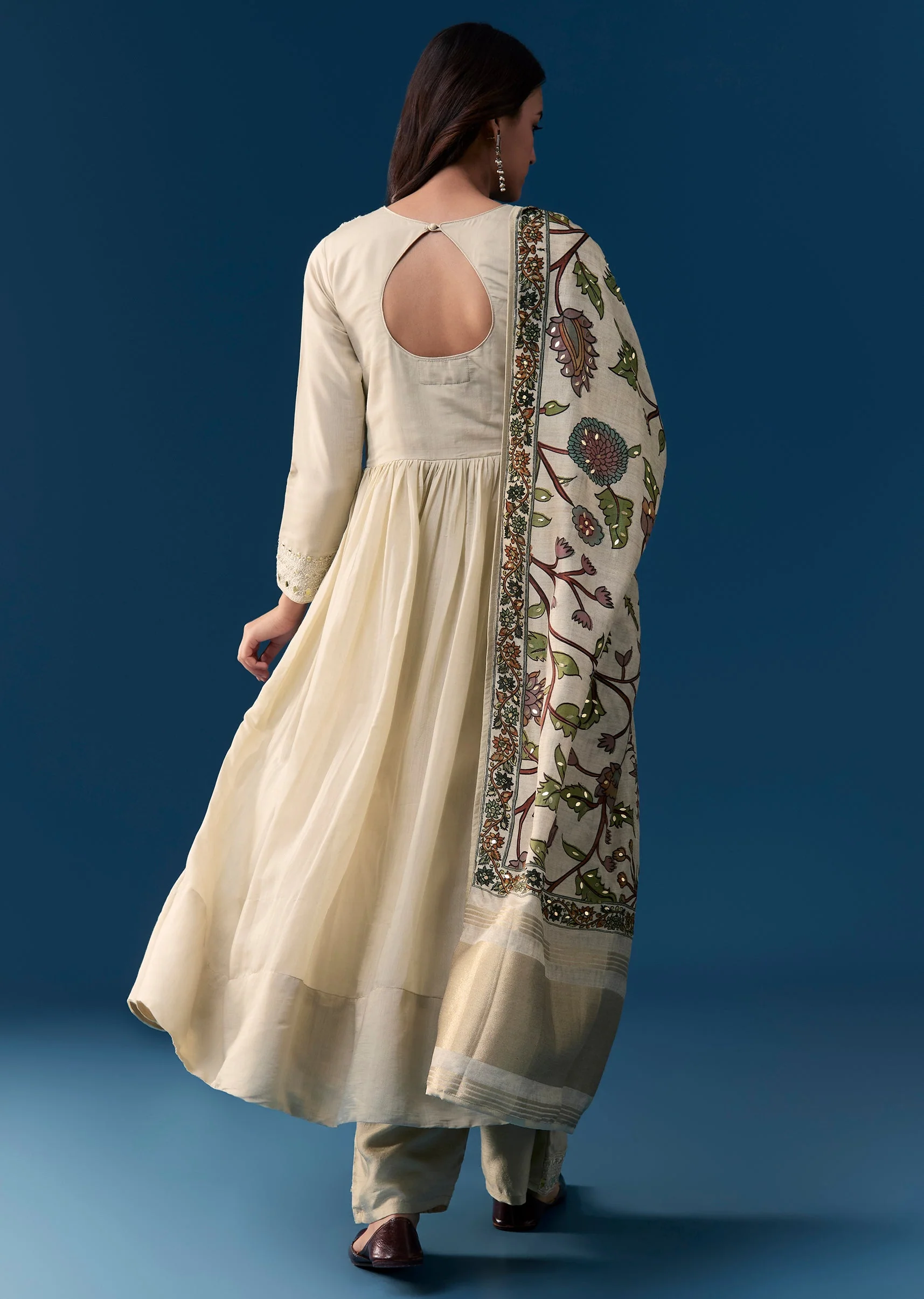 Beige Chanderi Anarkali Set With Mirror And Sequins Work - Image 5