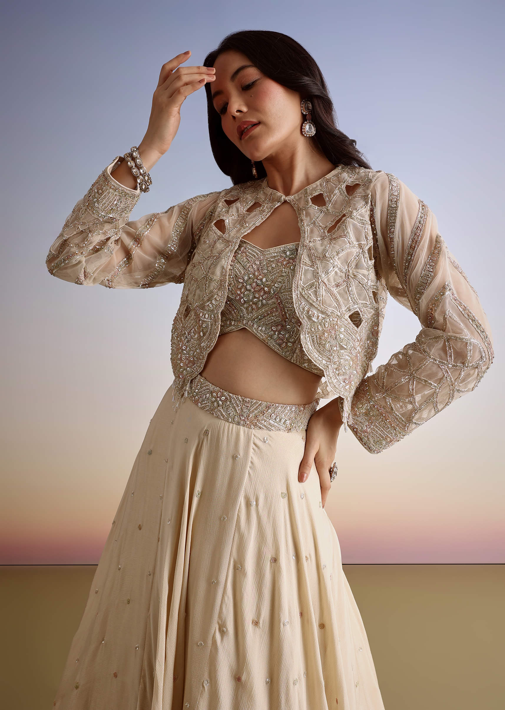 Beige Chinon Lehenga Jacket Set With Beads And Cutdana Work - Image 4