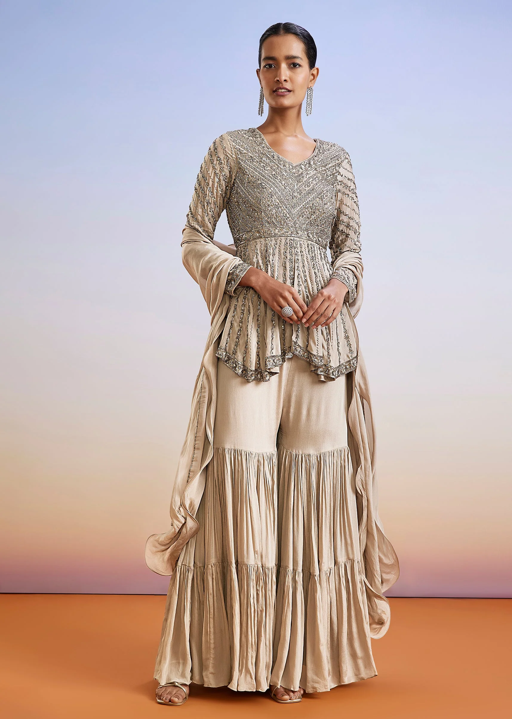 Beige Cut Dana Embroidered Peplum Sharara Suit With Dupatta - Image 3
