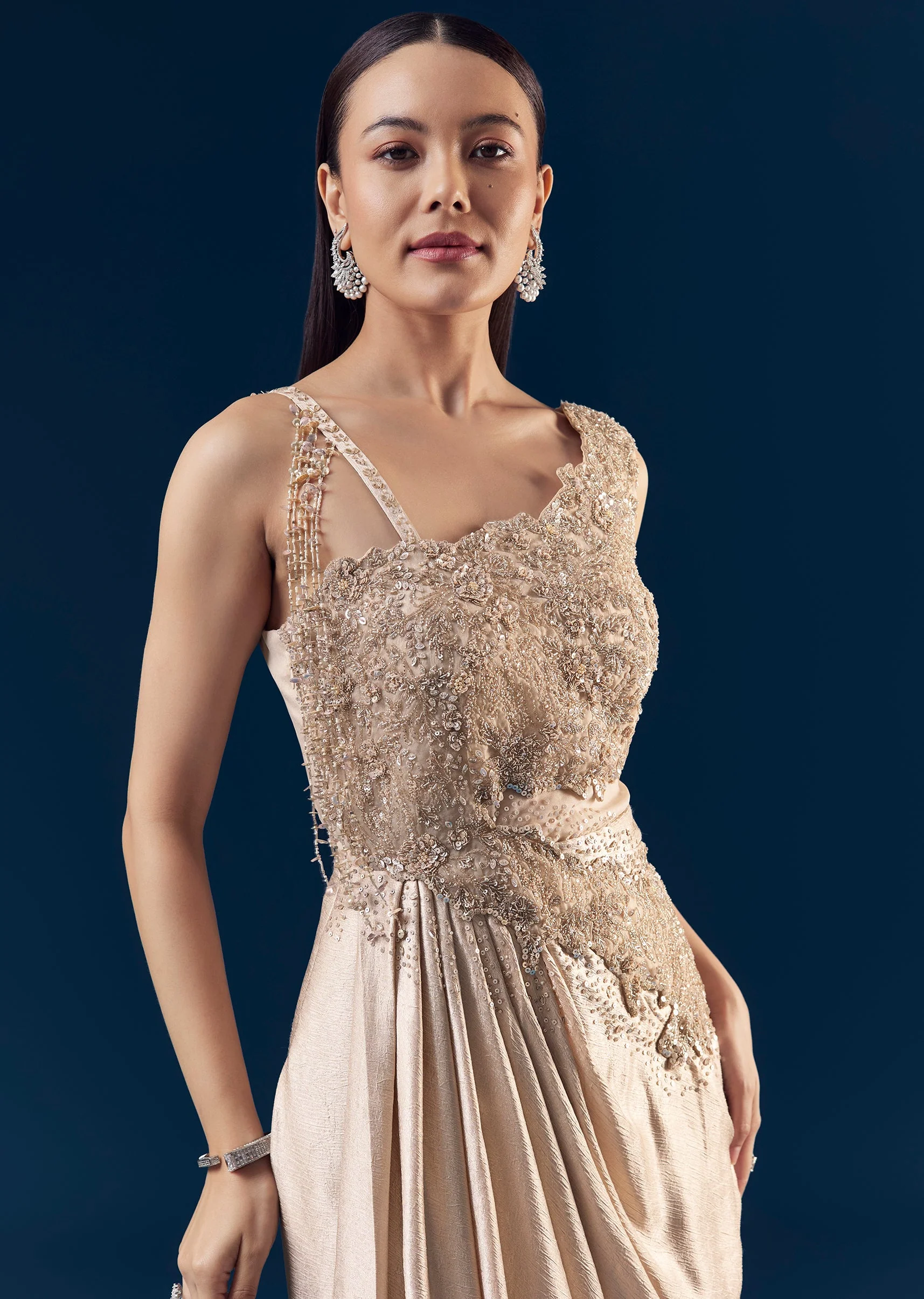 Beige Embellished Satin Draped Gown - Image 3