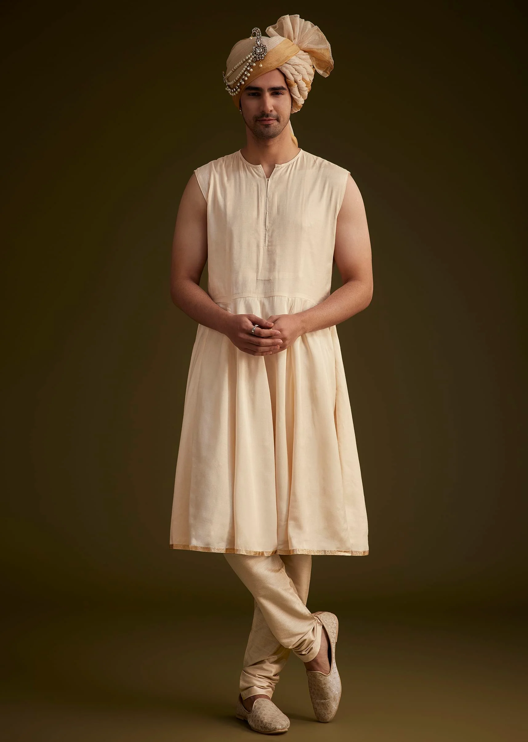 Beige Fawn Silk Sherwani Set With Embellished Dupatta Border - Image 6