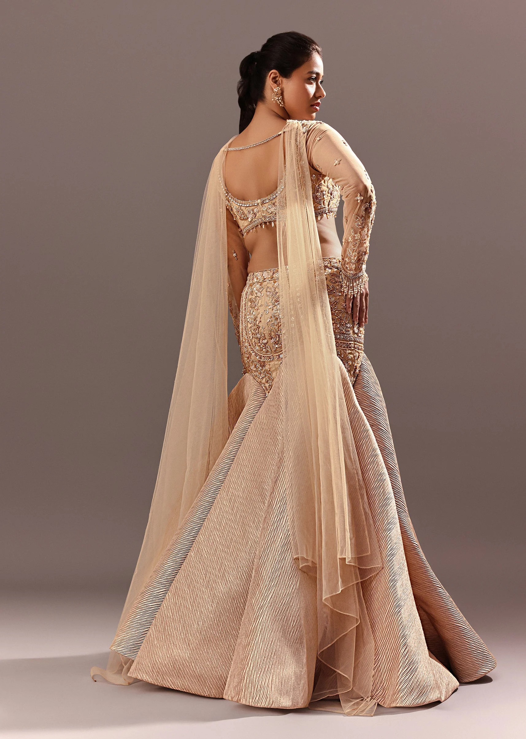 Beige Fish Cut Lehenga With Embroidered Yoke Blouse And Choker Dupatta - Image 4