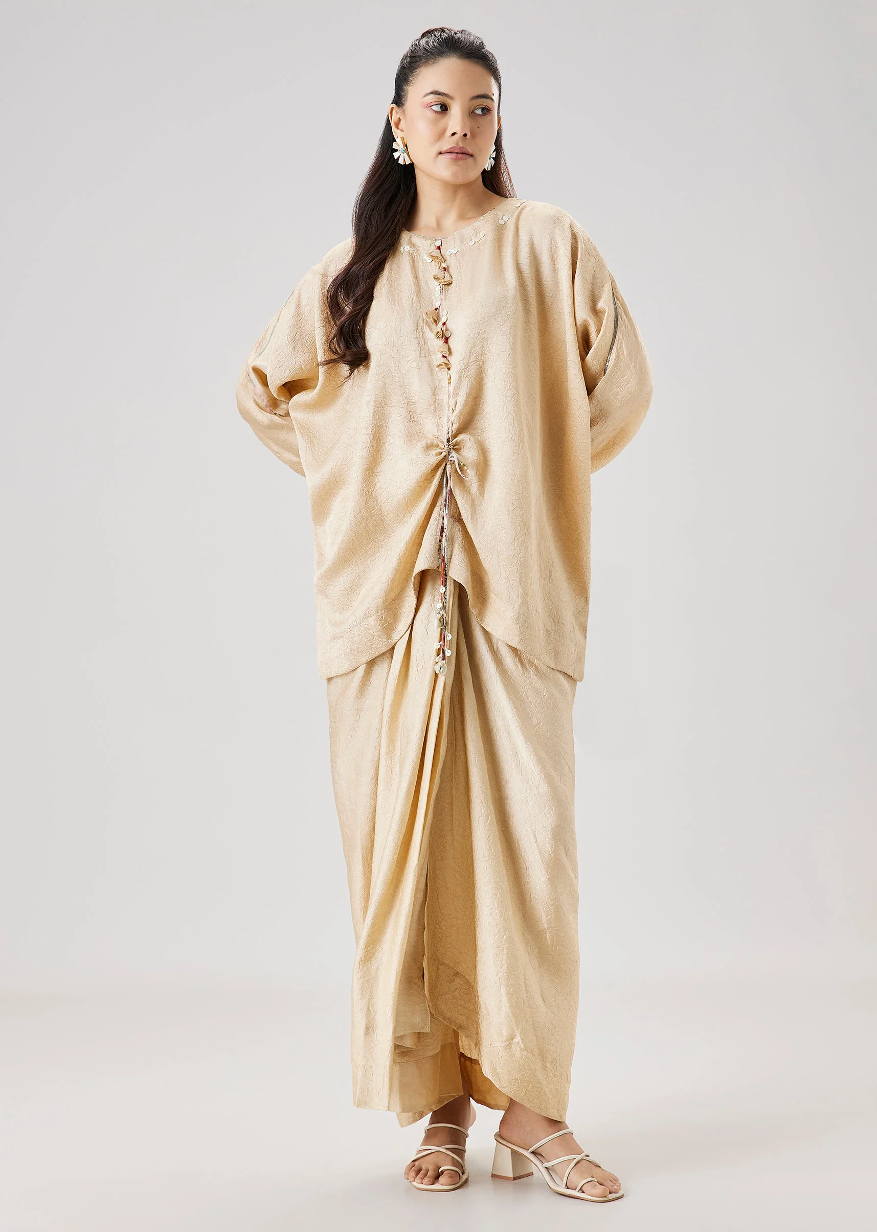 Beige Floral Printed Jacket And Drape Skirt Set - Image 5