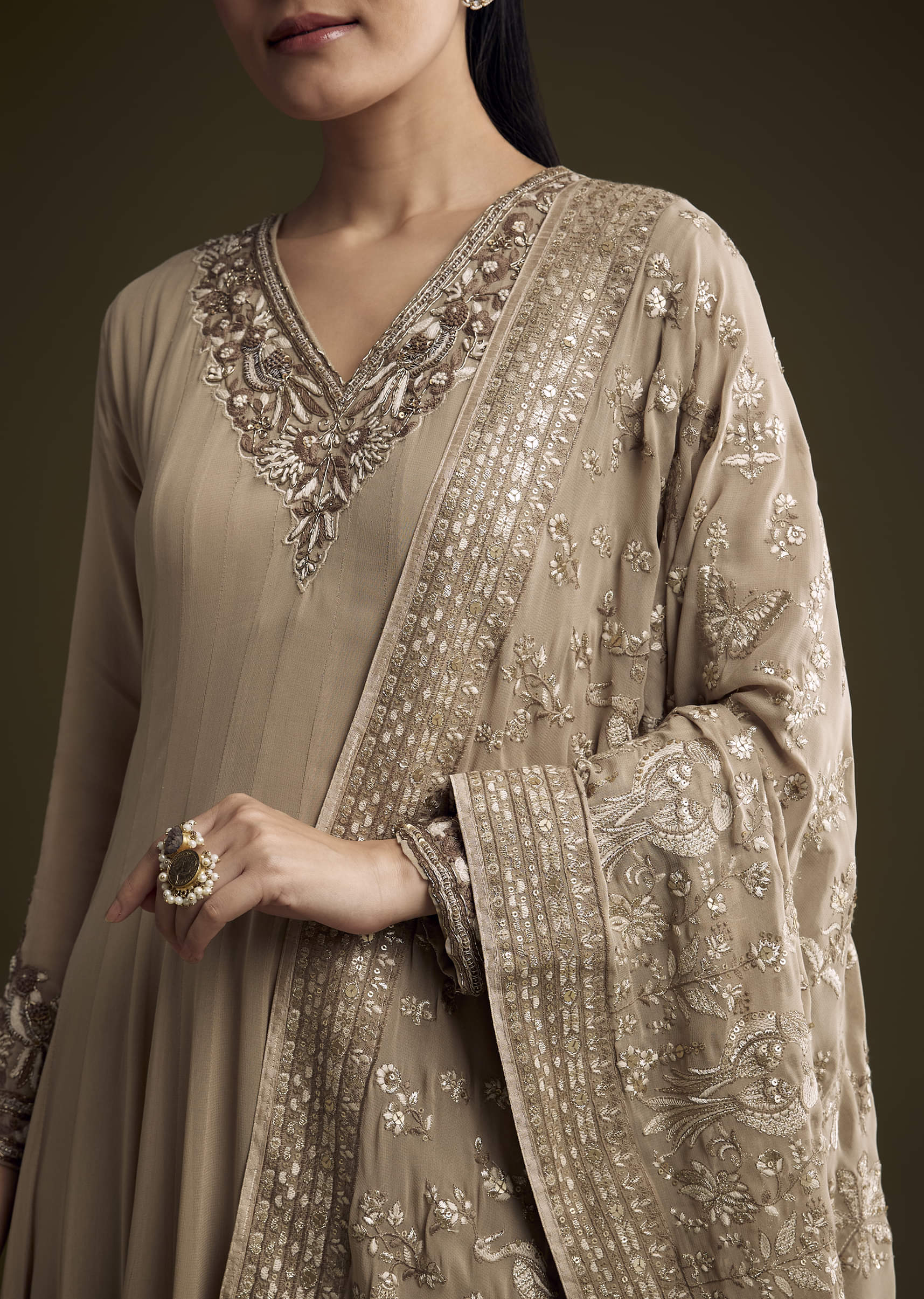 Beige Georgette Anarkali Suit With Sequins And Thread Embroidery - Image 2