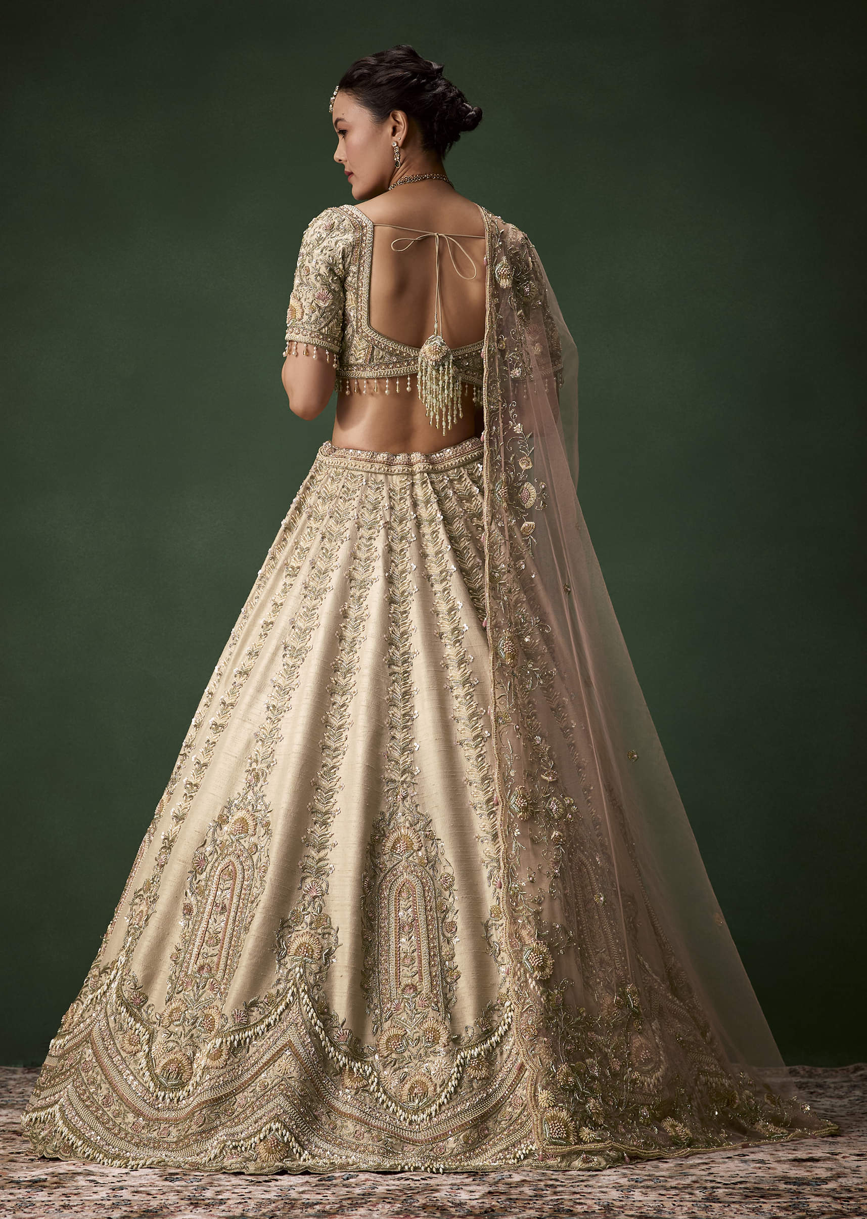Beige Gold Bridal Raw Silk Lehenga Set with Two Dupattas - Image 2