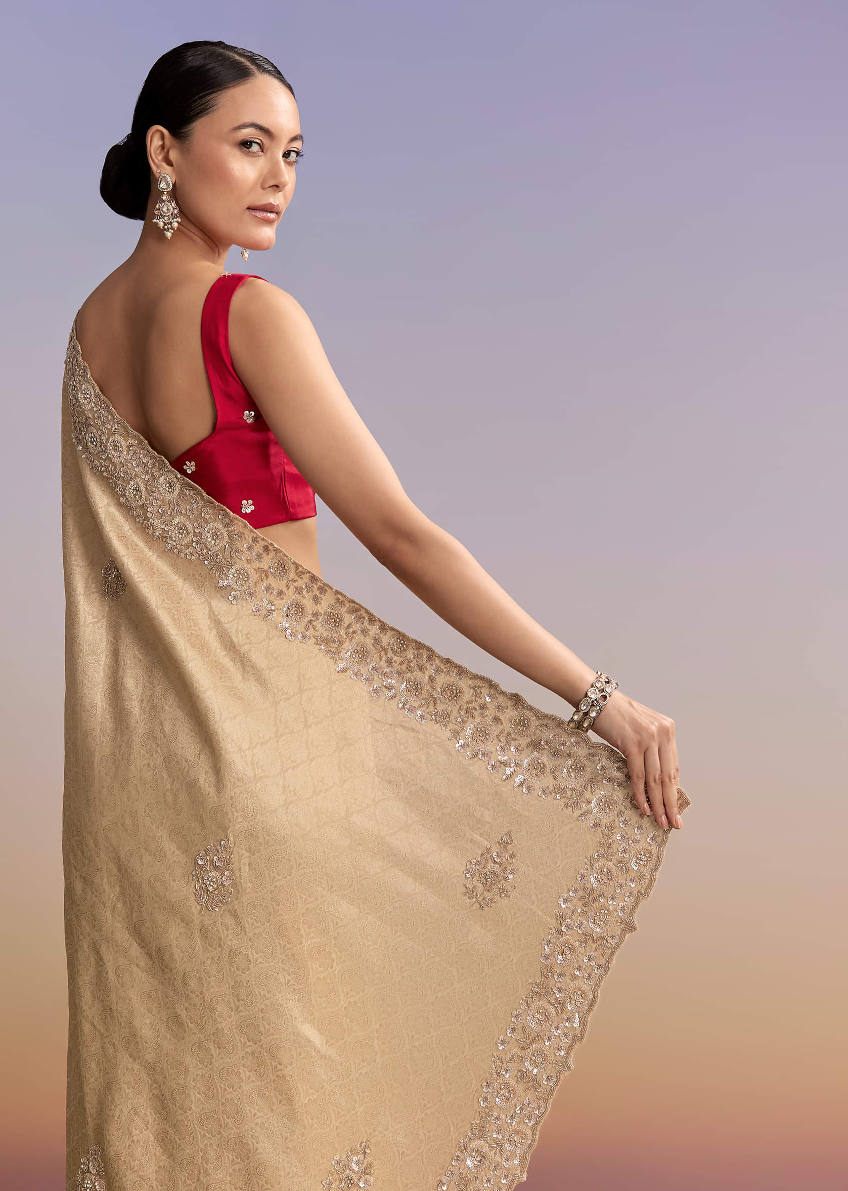 Beige Gold Jacquard Saree With Cutwork Floral Embroidery - Image 6
