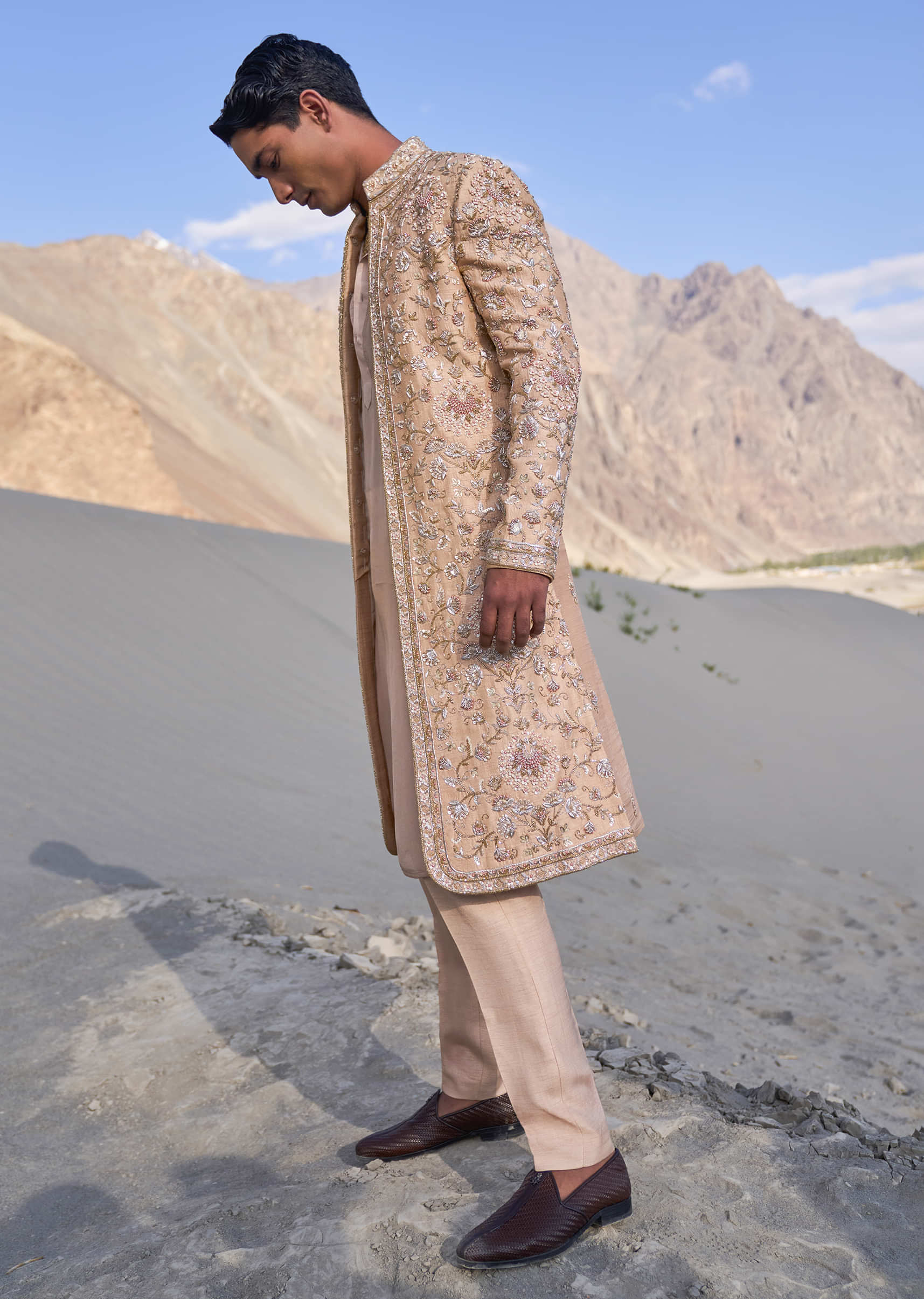 Beige Gold Zardosi Sherwani Set With Stole Dupatta - Image 3