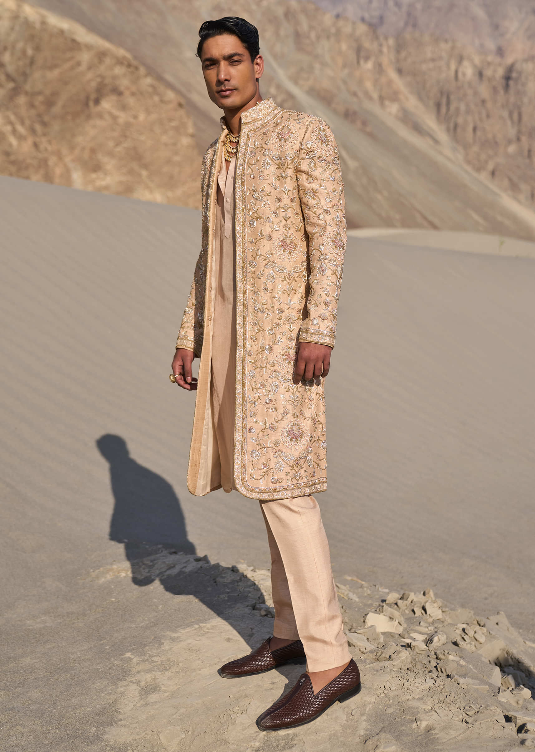 Beige Gold Zardosi Sherwani Set With Stole Dupatta - Image 4