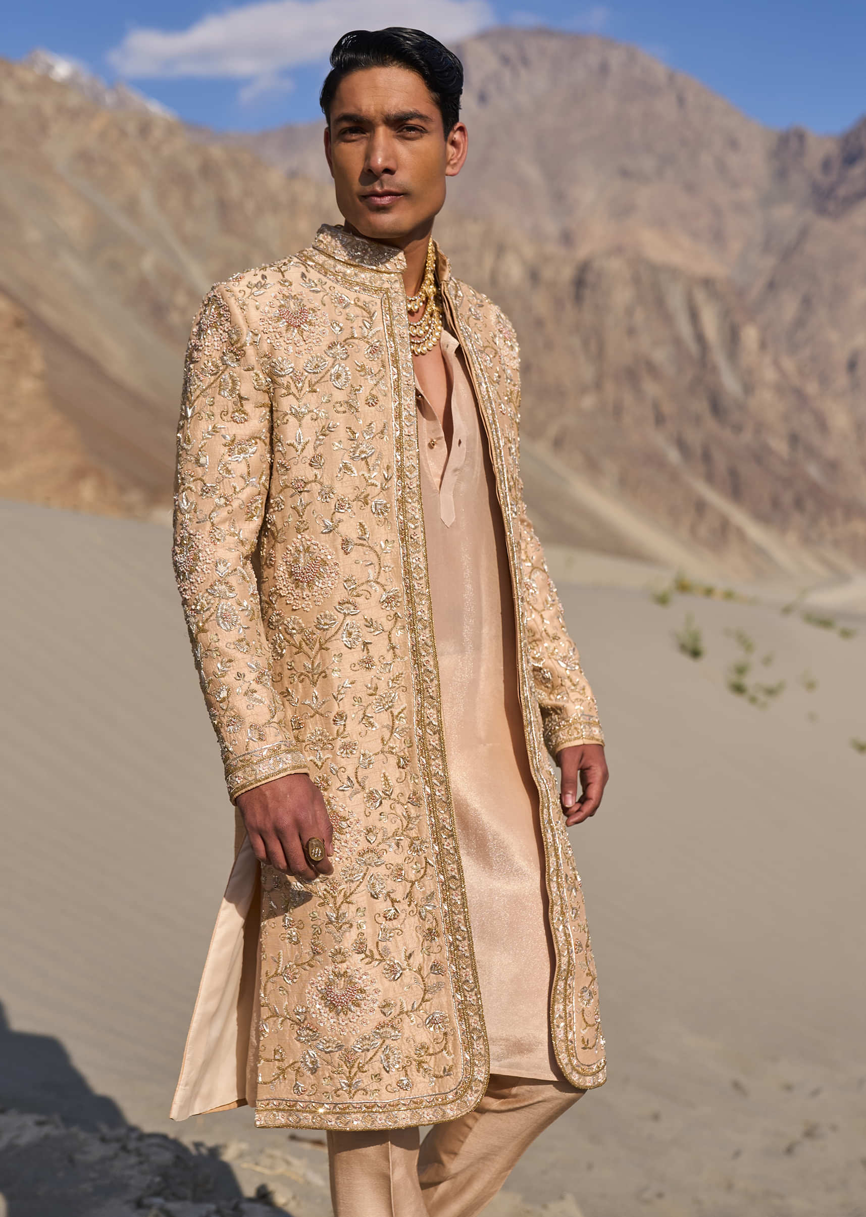 Beige Gold Zardosi Sherwani Set With Stole Dupatta - Image 5