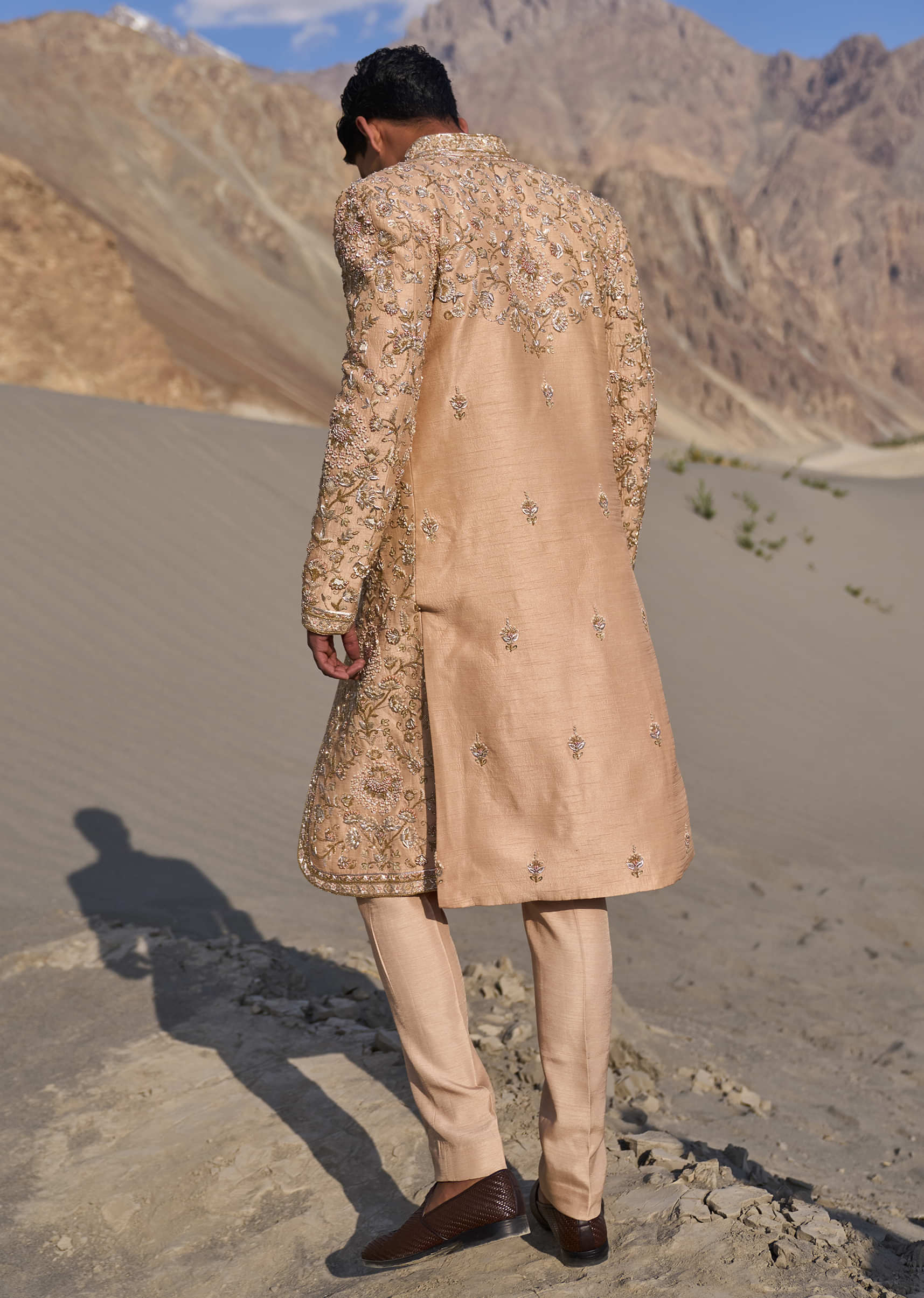 Beige Gold Zardosi Sherwani Set With Stole Dupatta - Image 6