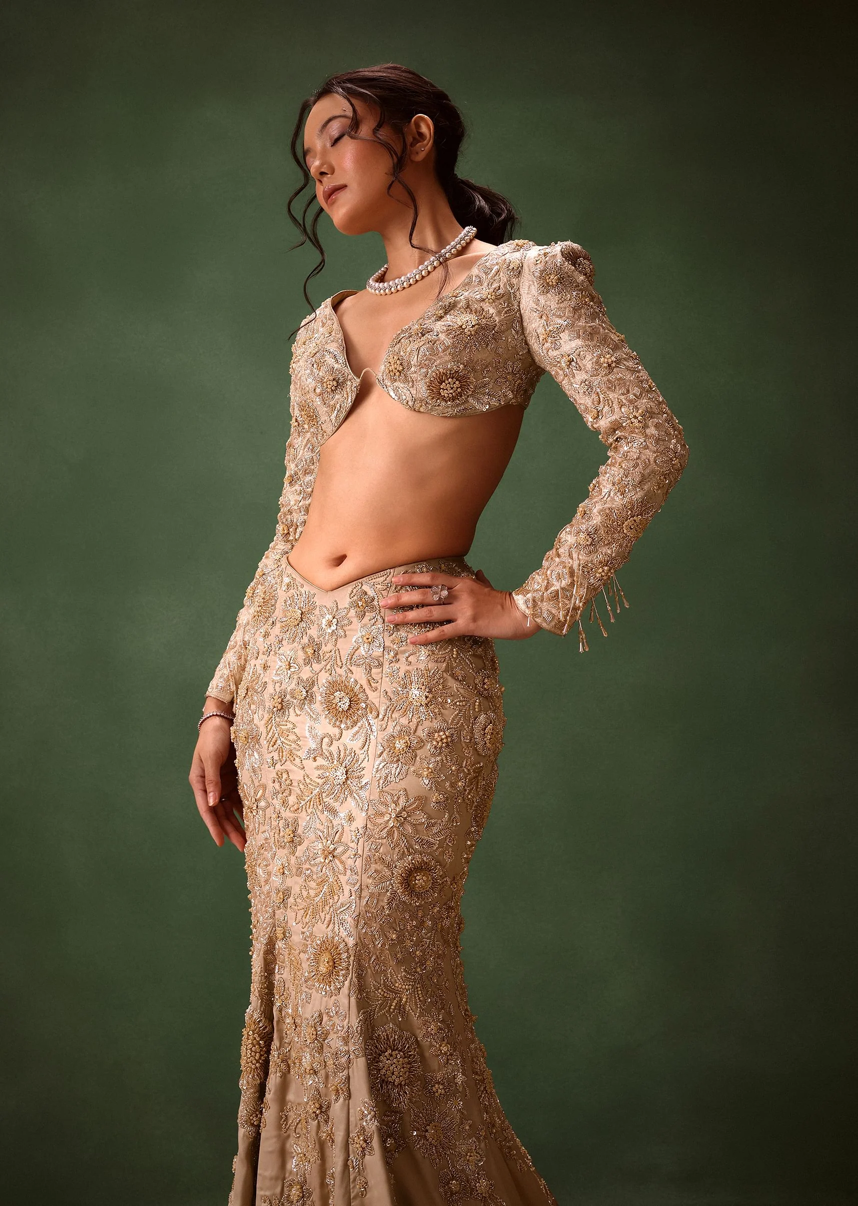 Beige Heavy Embroidered Skirt Suit With Full Sleeves V Neck Blouse - Image 5