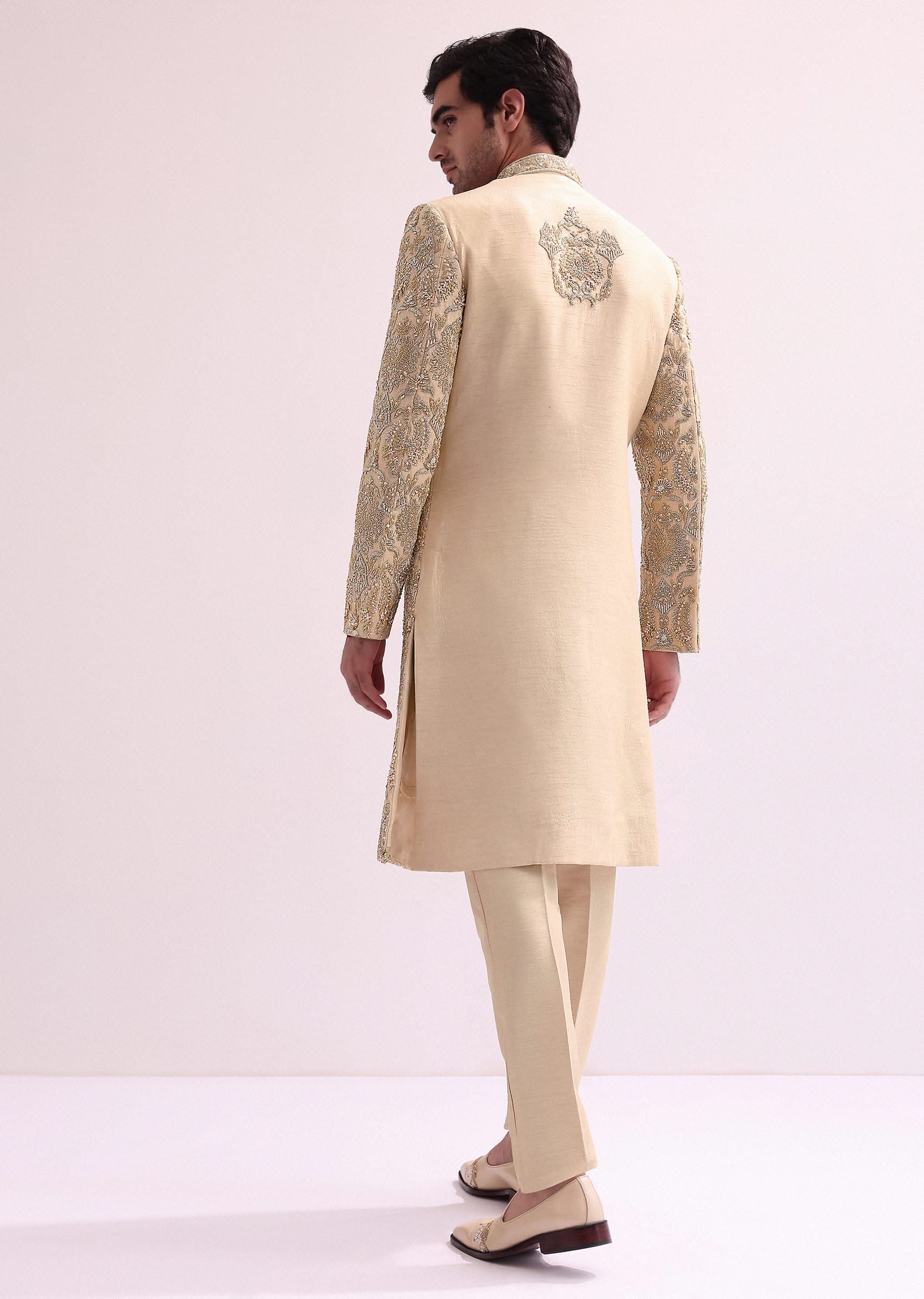 Beige High Collar Silk Sherwani And Kurta Set - Image 5