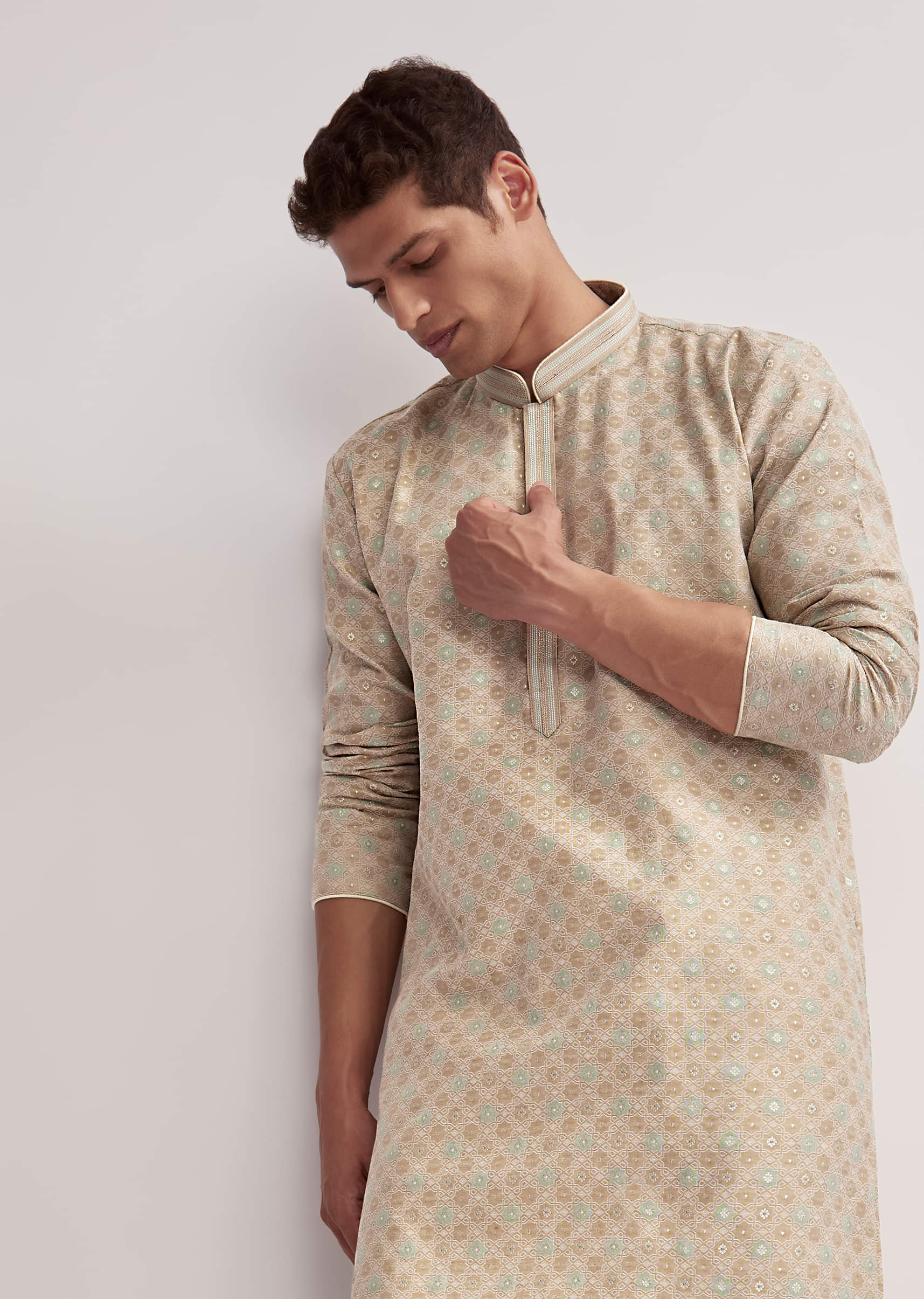 Beige Jacquard Kurta Set For Men With Subtle Weave - Image 7