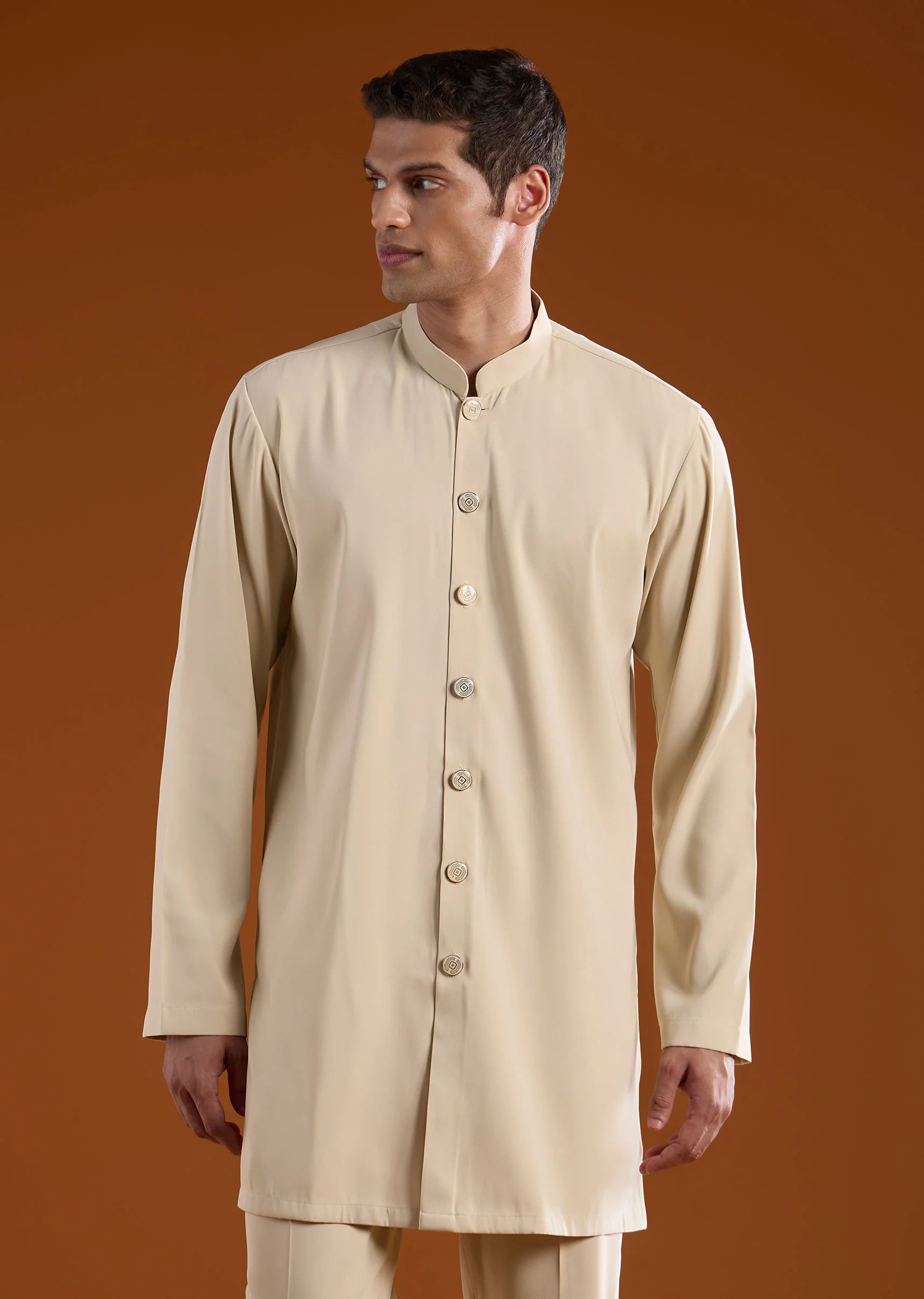 Beige Jacquard Silk Indowestern Embroidered Kurta Set - Image 6