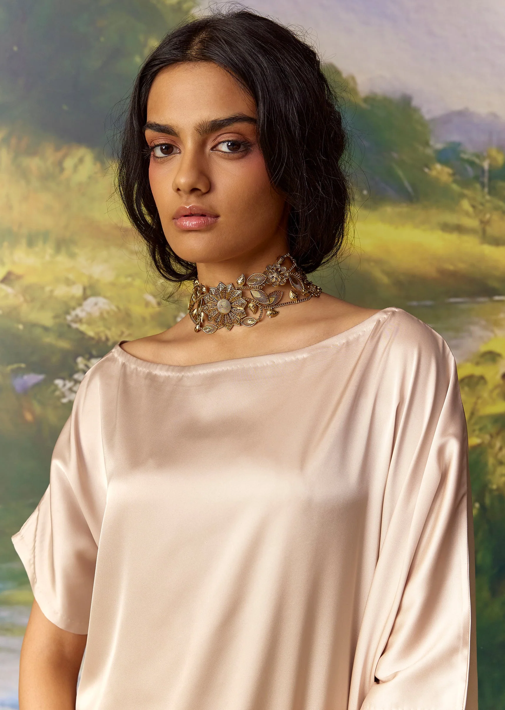Beige Kaftan and Skirt Set with Metal Work - Image 3