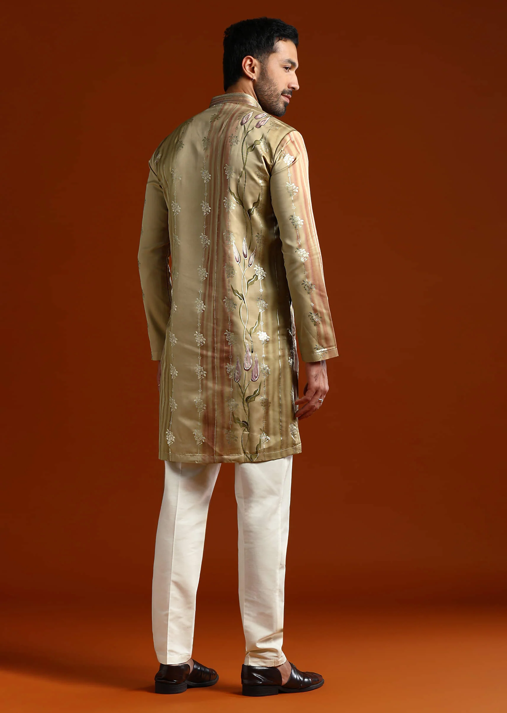 Beige Kurta Set For Men With Ethnic Motif Work - Image 5