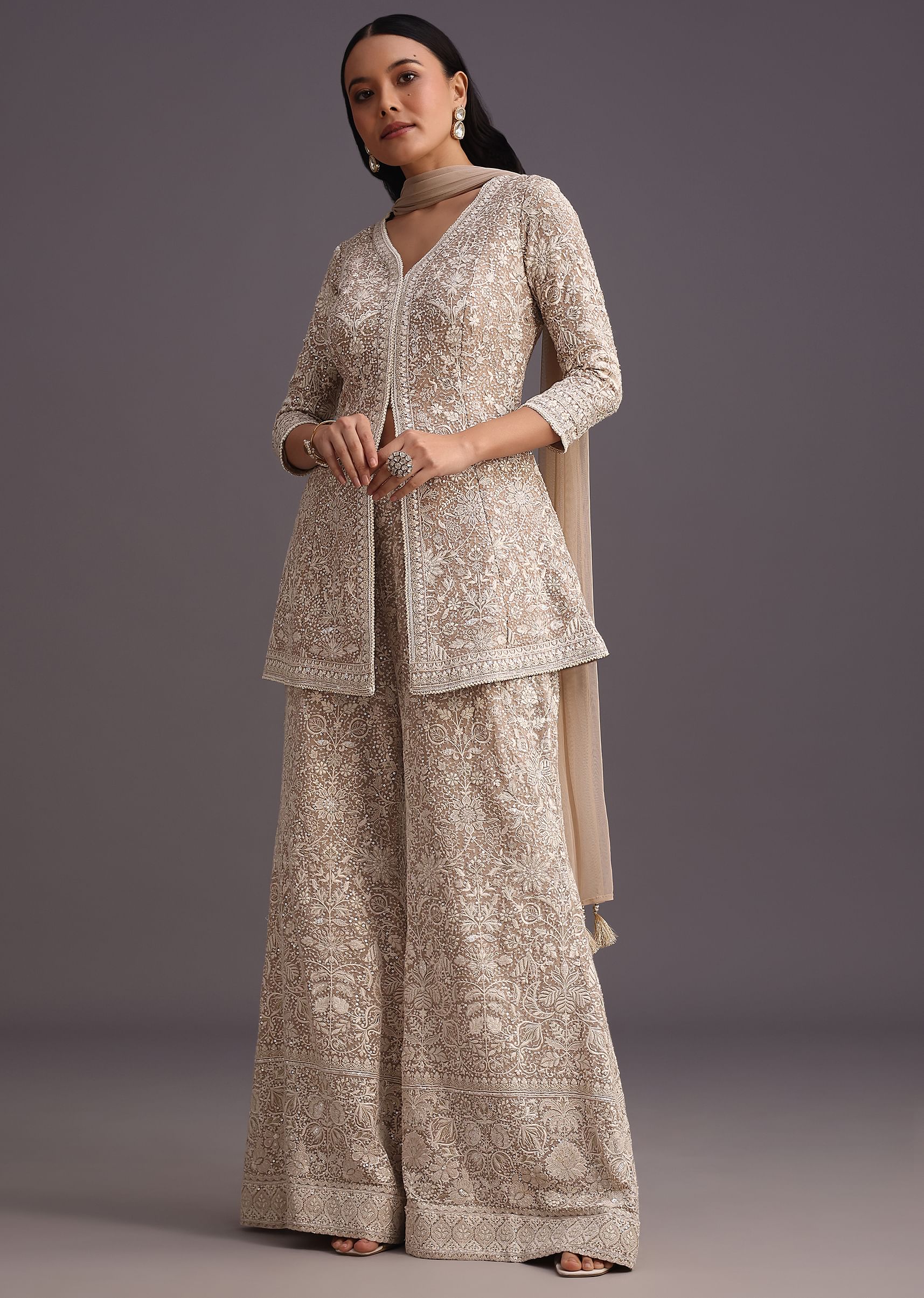 Beige Lucknowi Kurti Palazzo With Sequins Work And Net Dupatta - Image 4