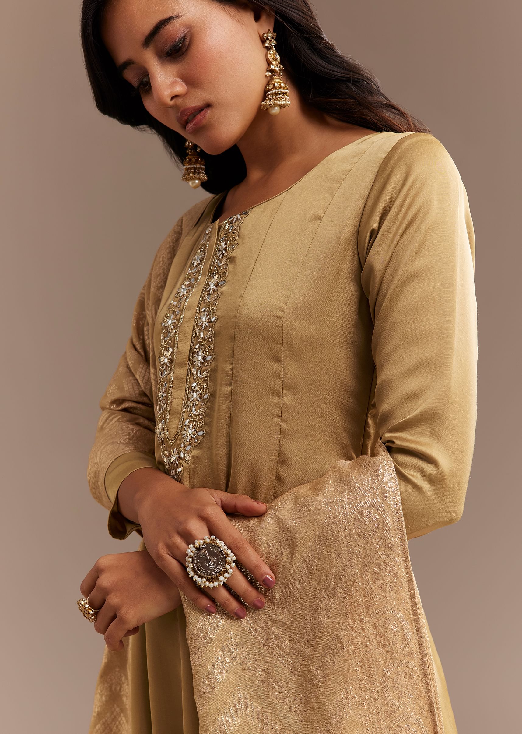 Beige Muslin Mirror Embroidered Kurta Set - Image 2
