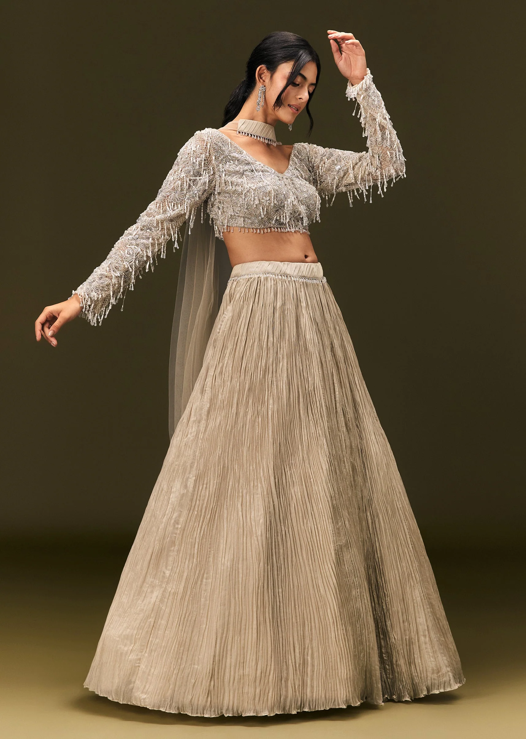 Beige Net Embroidered Blouse With Ruched Lehenga And Choker Dupatta - Image 4