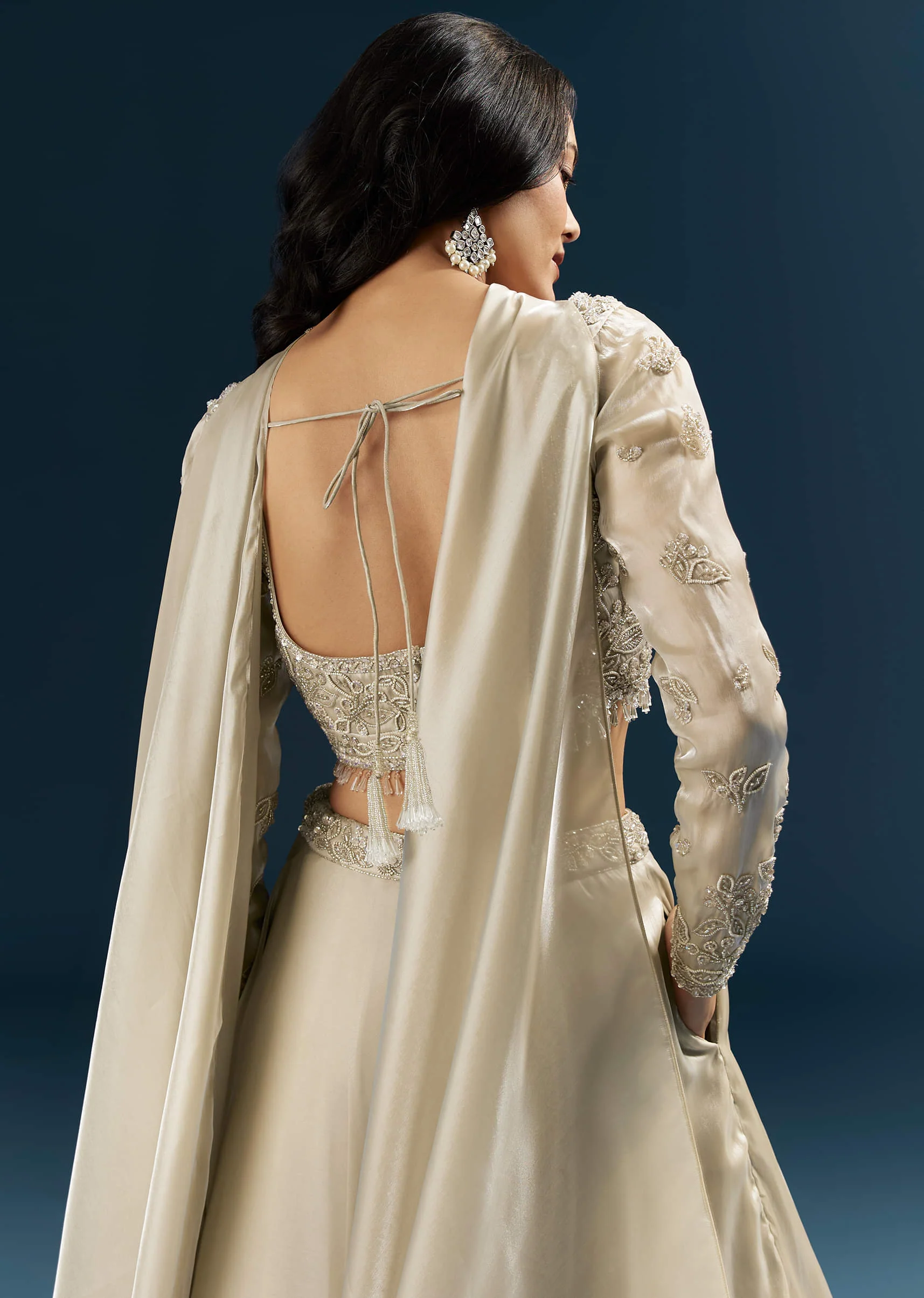 Beige Organza Bridesmaid Lehenga With Beads And Cutdana Embroidery - Image 6