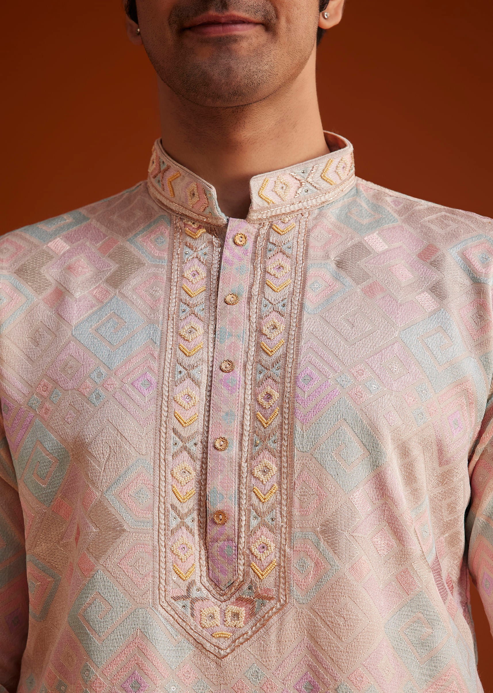 Beige Printed Silk Kurta Set Hand Embellishments - Image 2