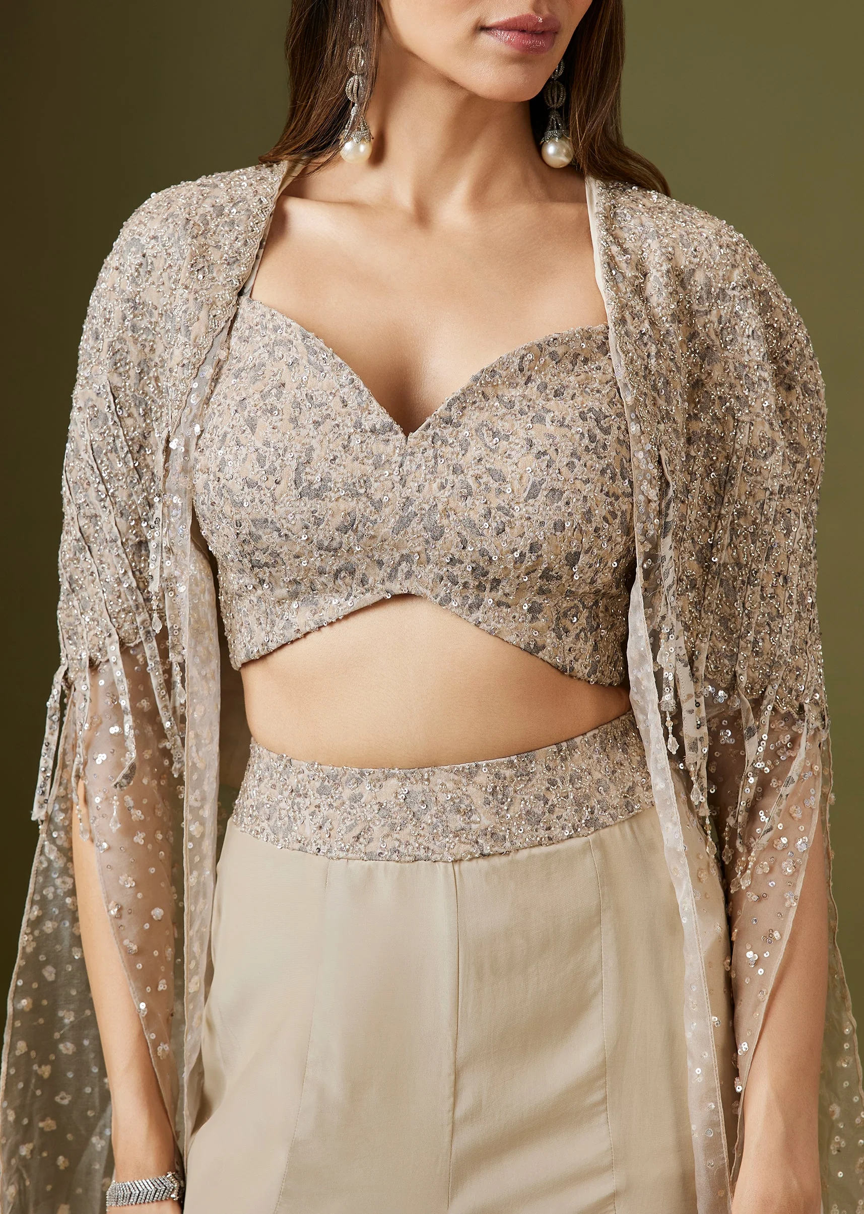 Beige Sequinned Crop Top Palazzo Set With Organza Cape - Image 2