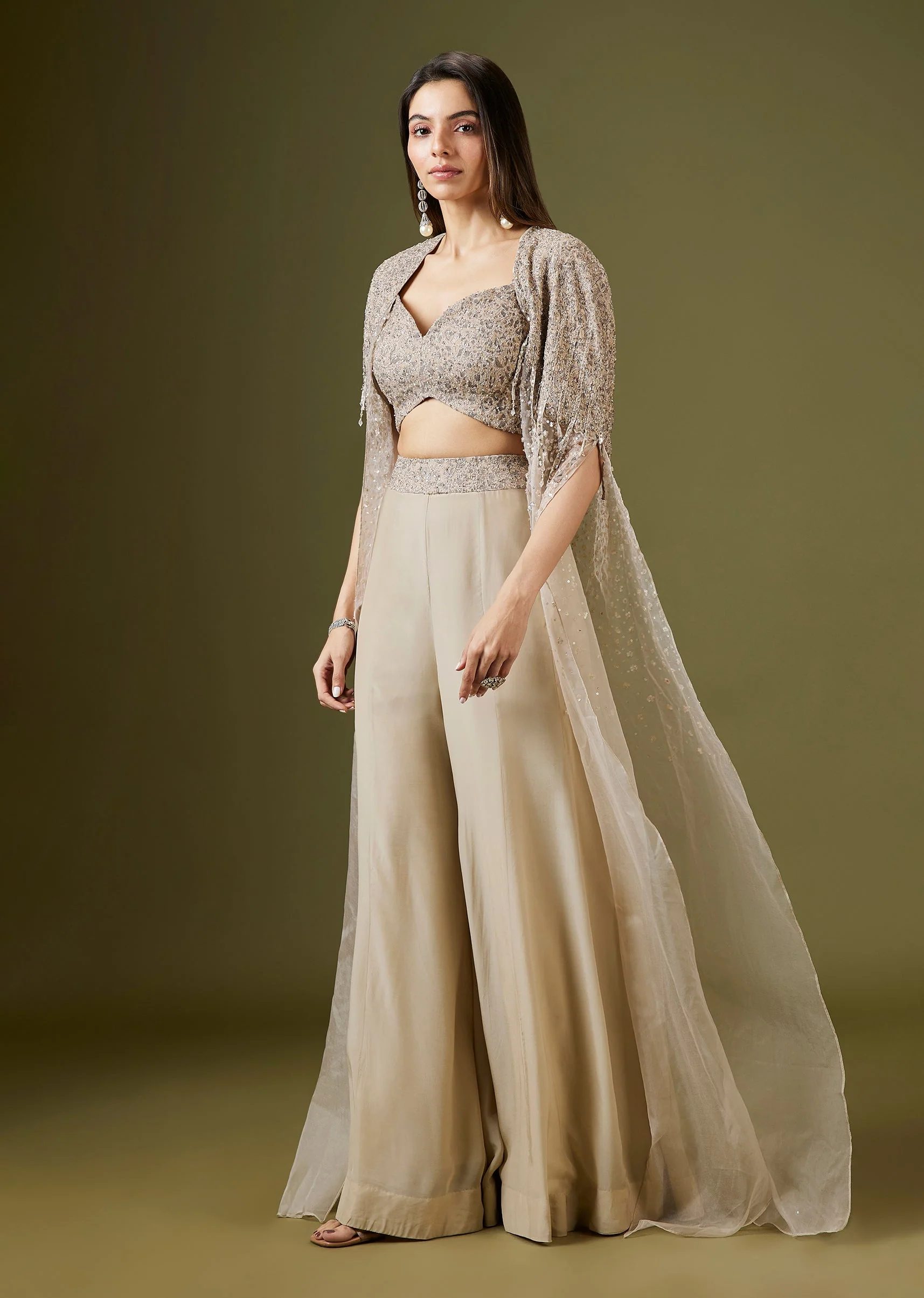 Beige Sequinned Crop Top Palazzo Set With Organza Cape - Image 3
