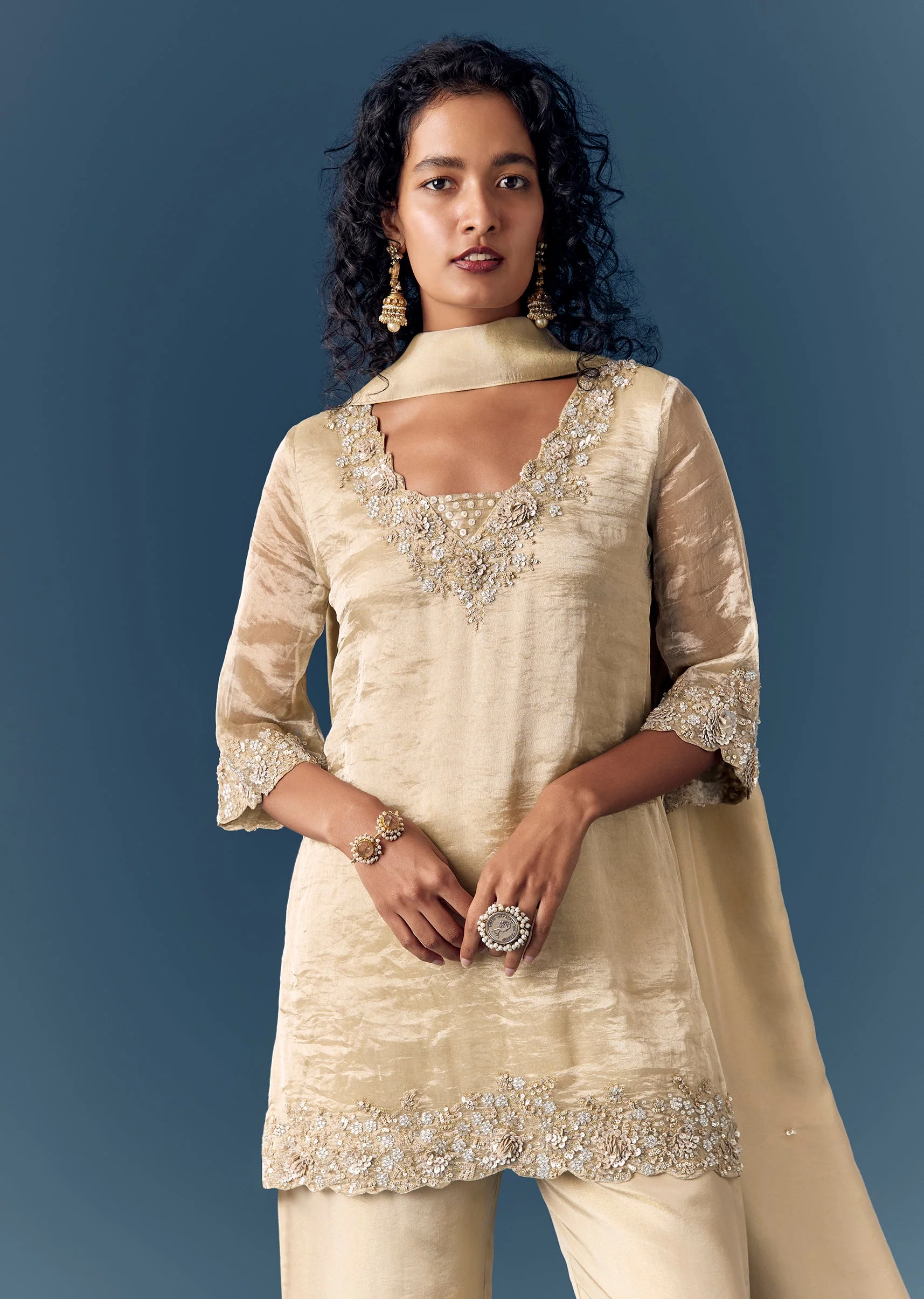 Beige Sequinned Tissue Kurta Palazzo Set With Dupatta - Image 4