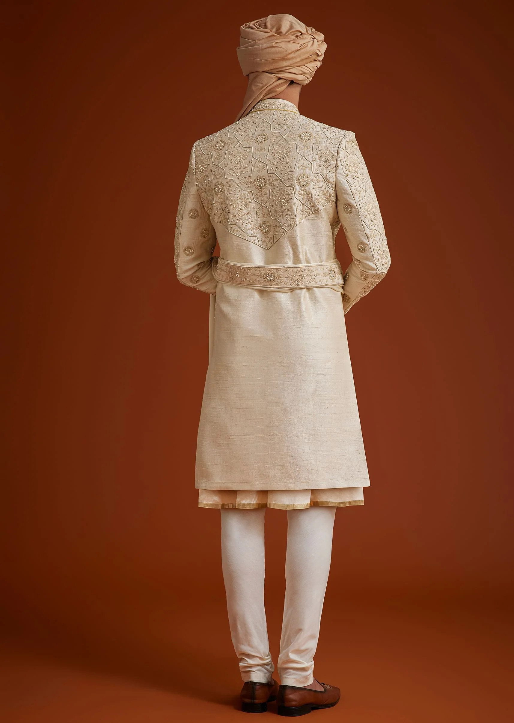 Beige Sherwani Set With Dori And Thread Work - Image 5